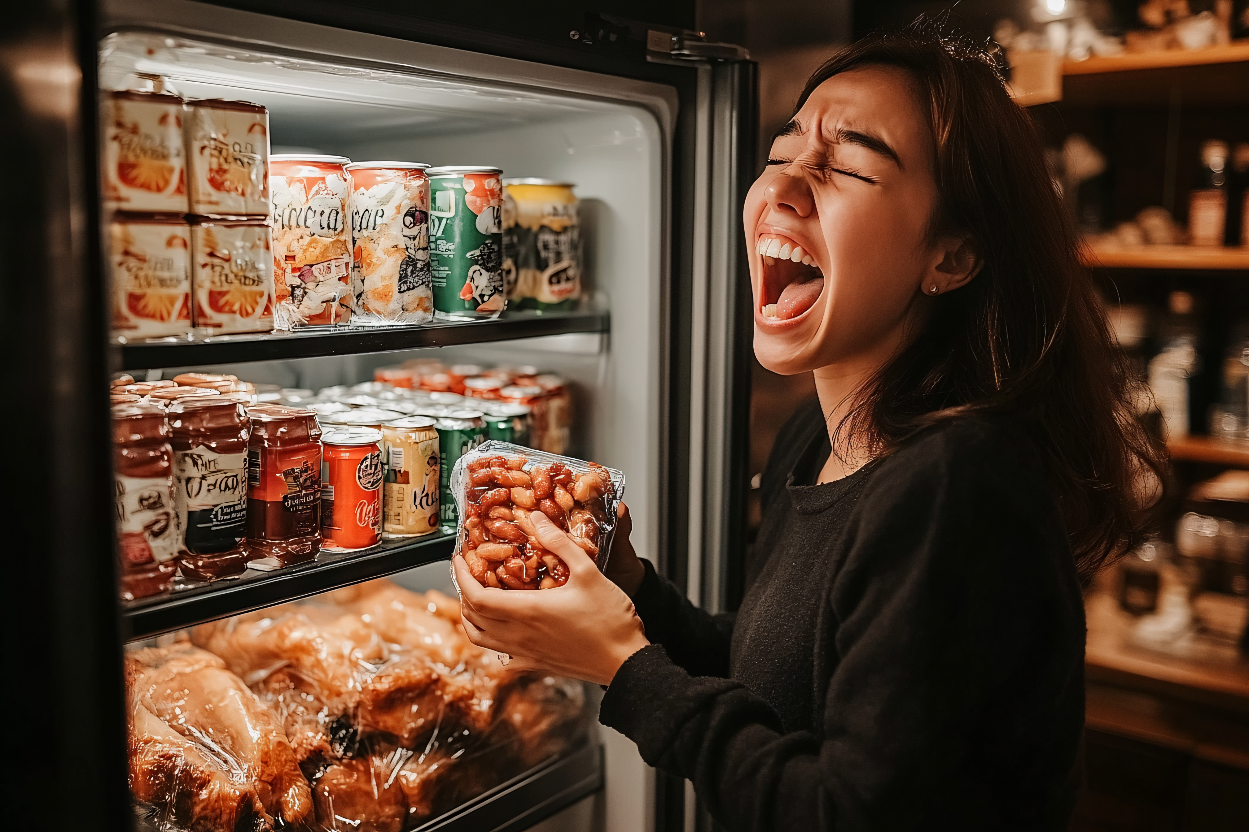 Shocked Woman Holding Food in a Refrigerator Full of Snacks