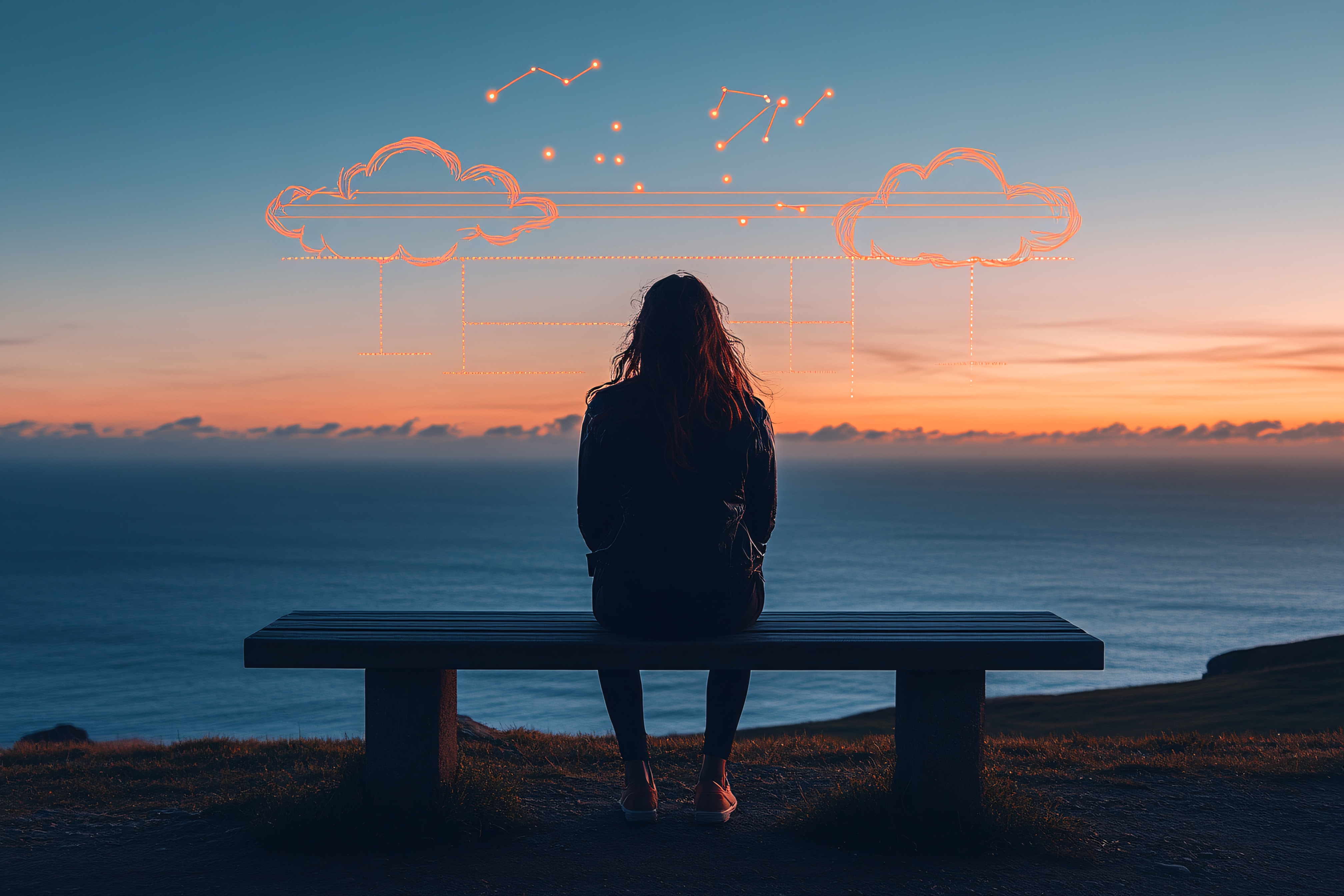 Woman Sitting on Bench with Cloud Data