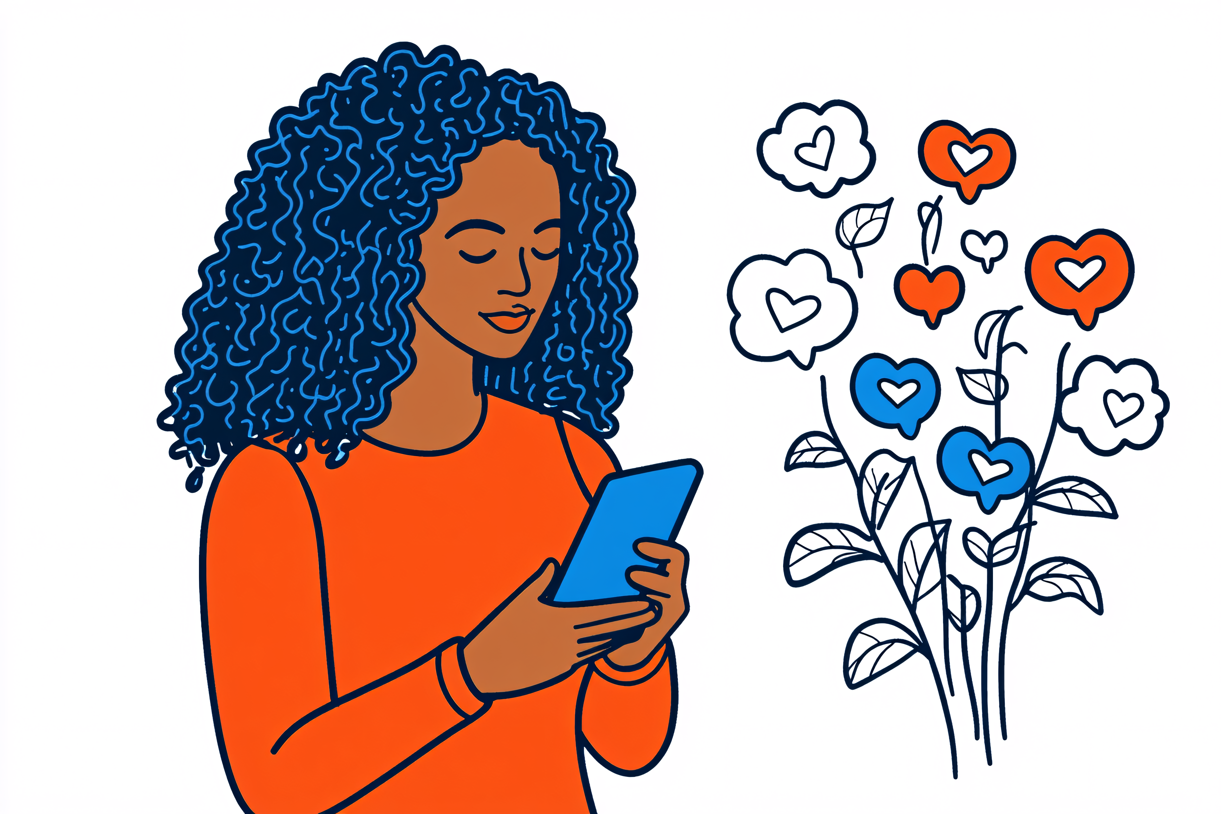 Woman Texting with Hearts Illustration