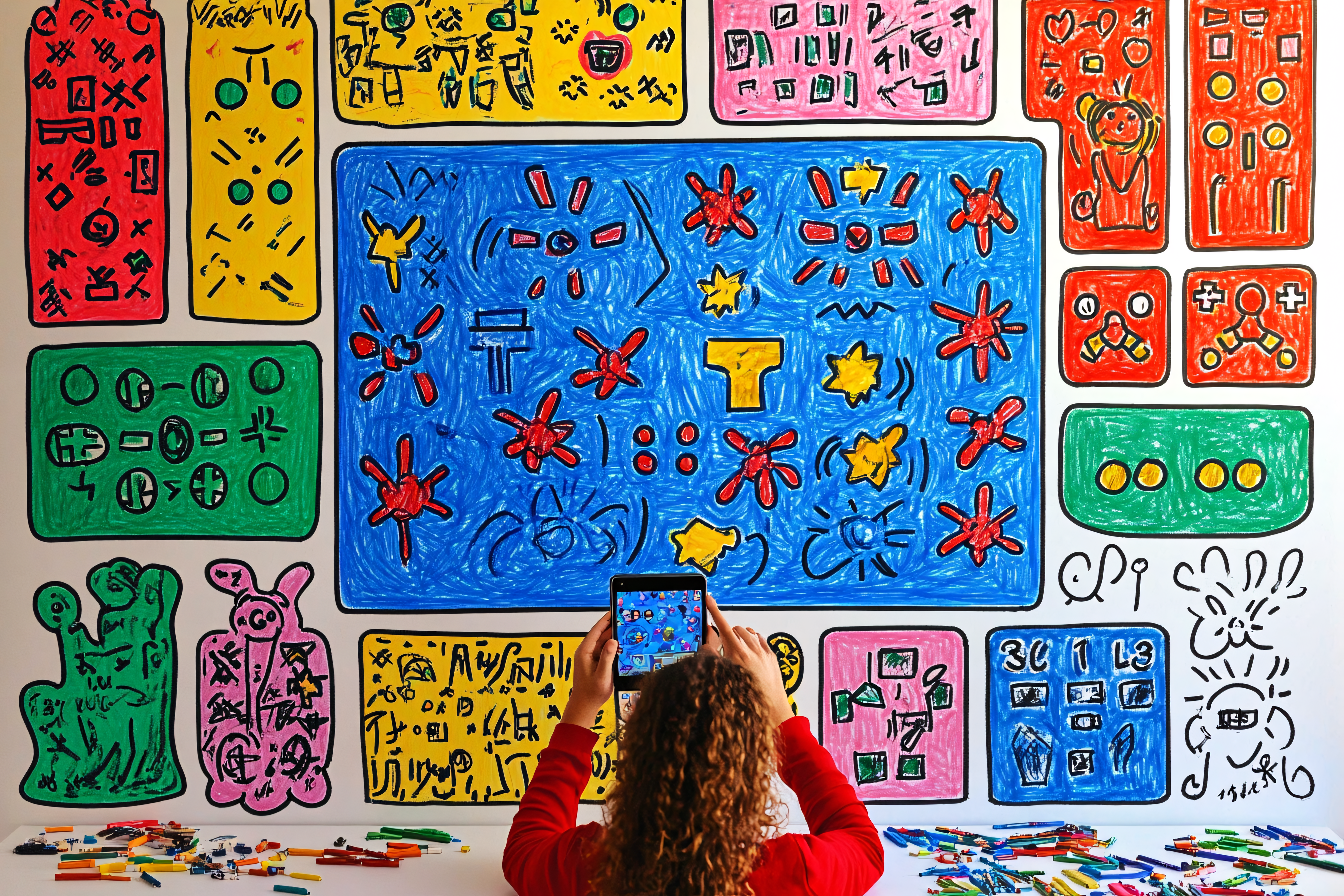Woman Using Tablet with Colorful Mural