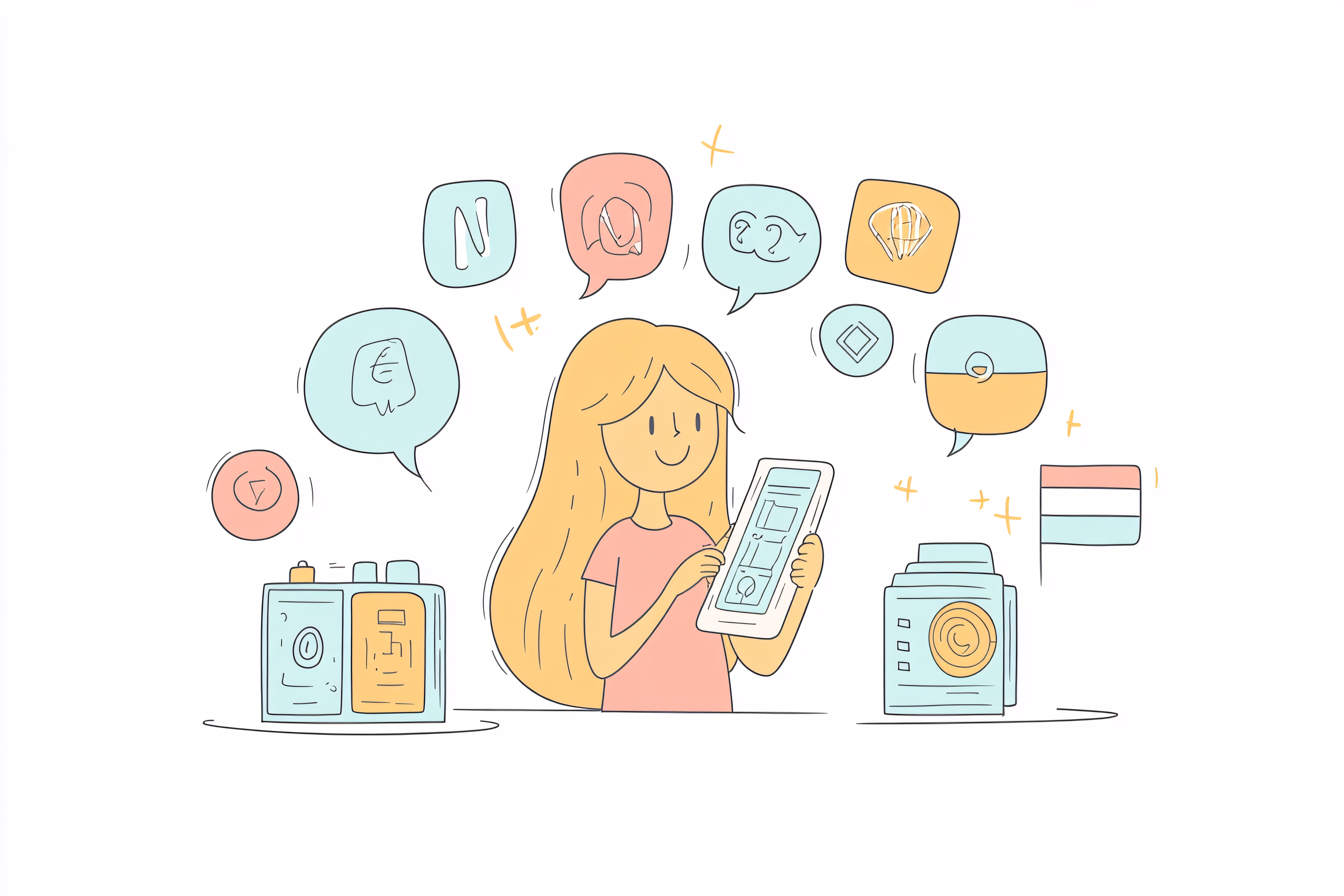 Woman Using Tablet with Speech Bubbles and Icons