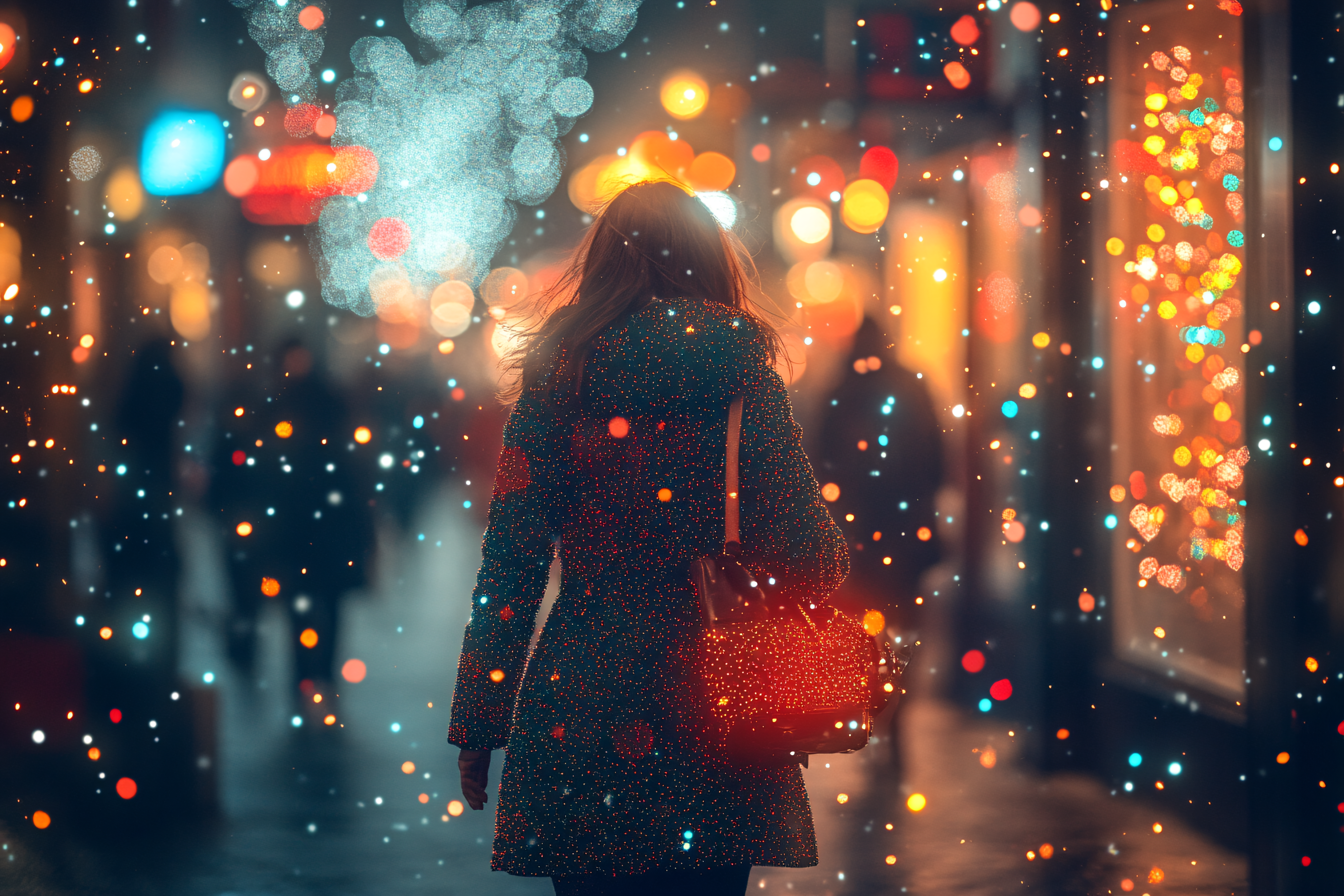 Woman Walking in City Lights