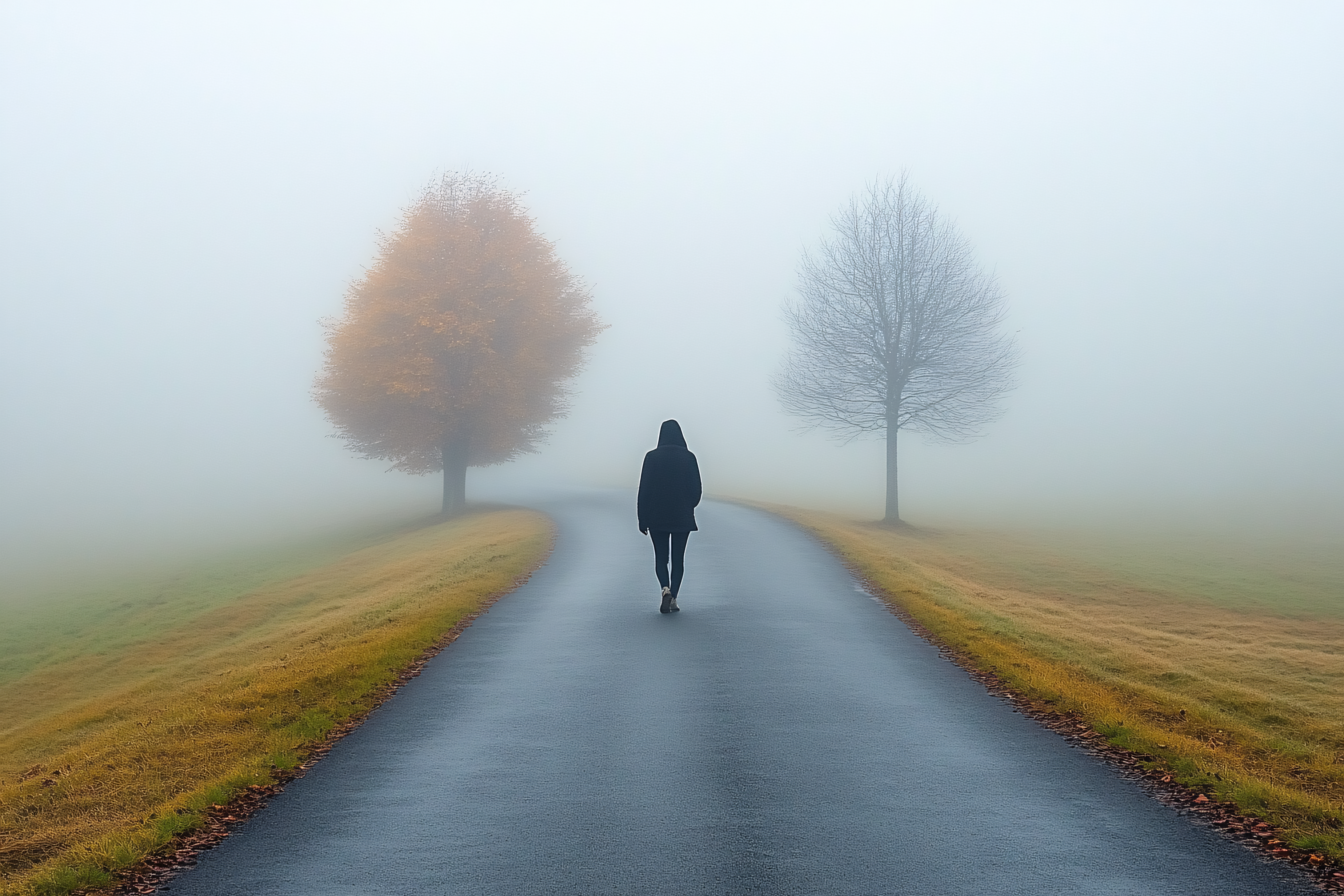 Woman Walking On Foggy Road