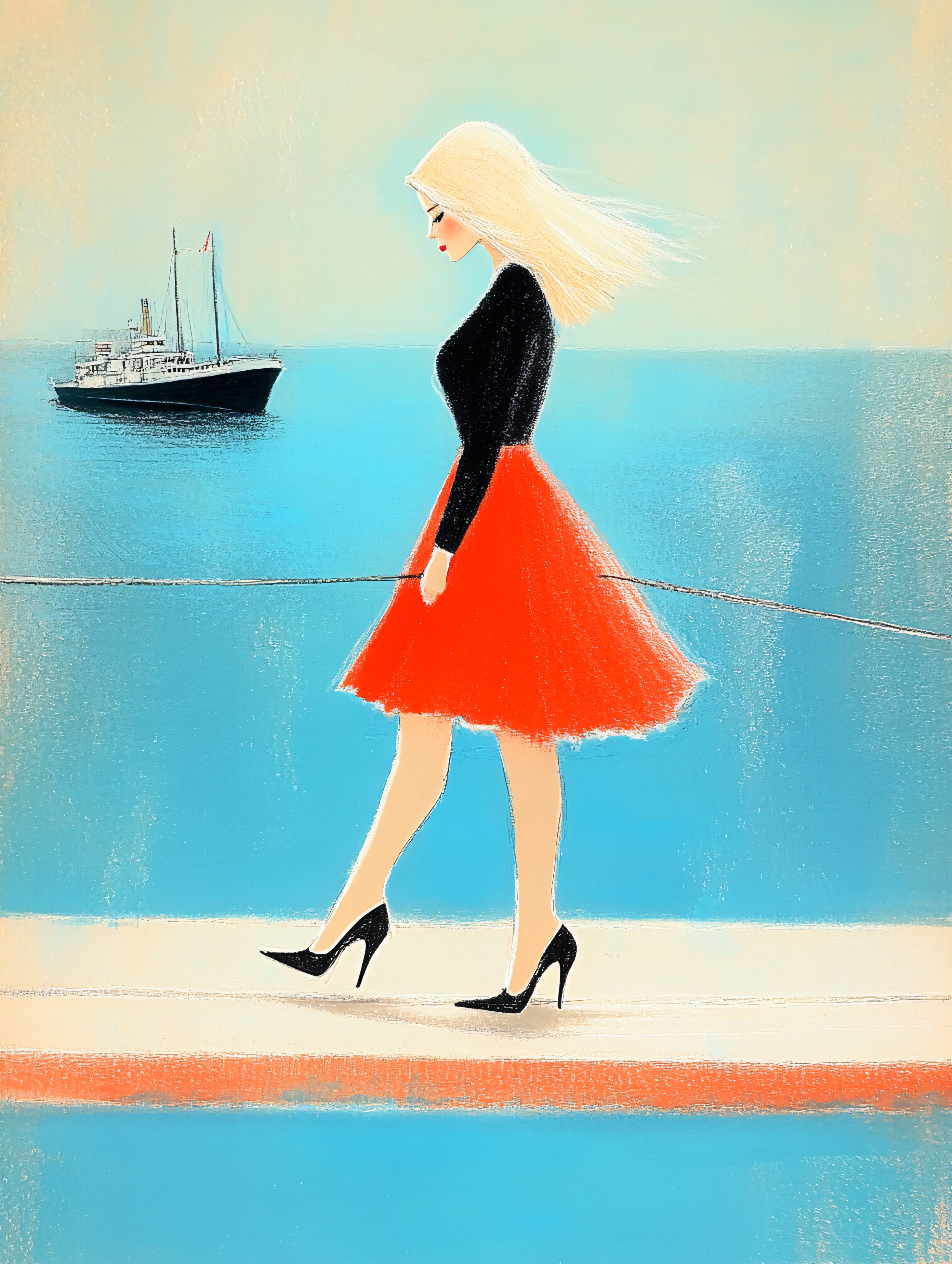Woman Walking Seaside with Ship