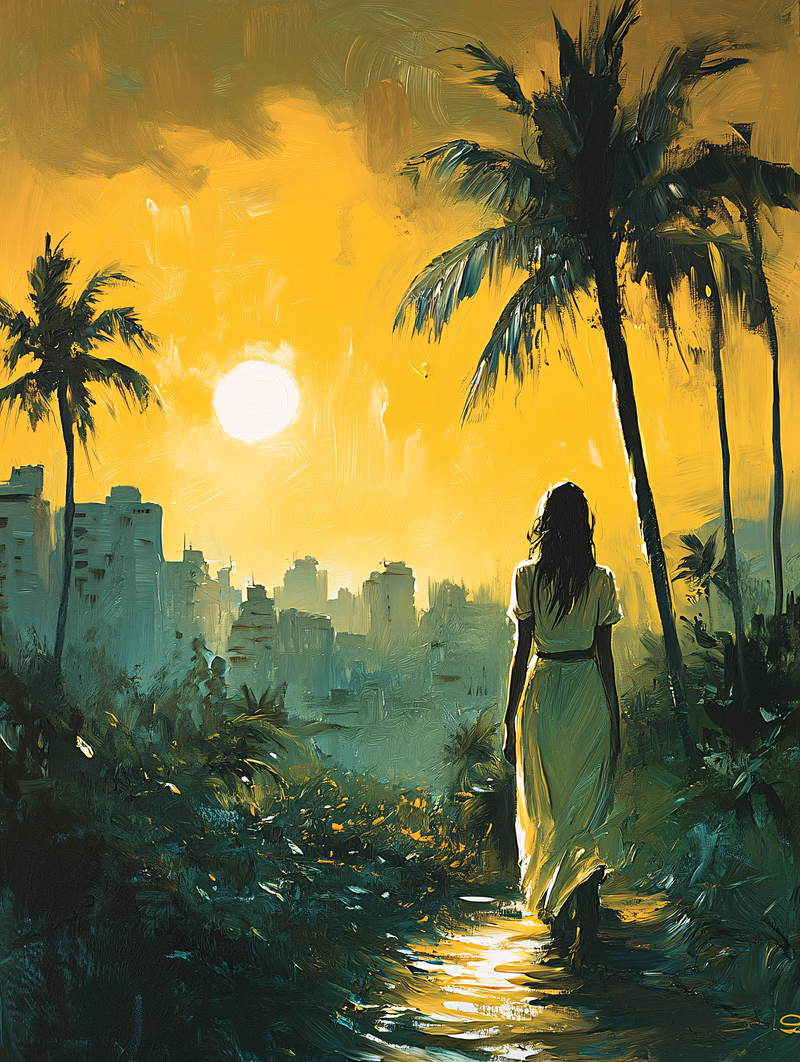 Woman Walking Towards Cityscape