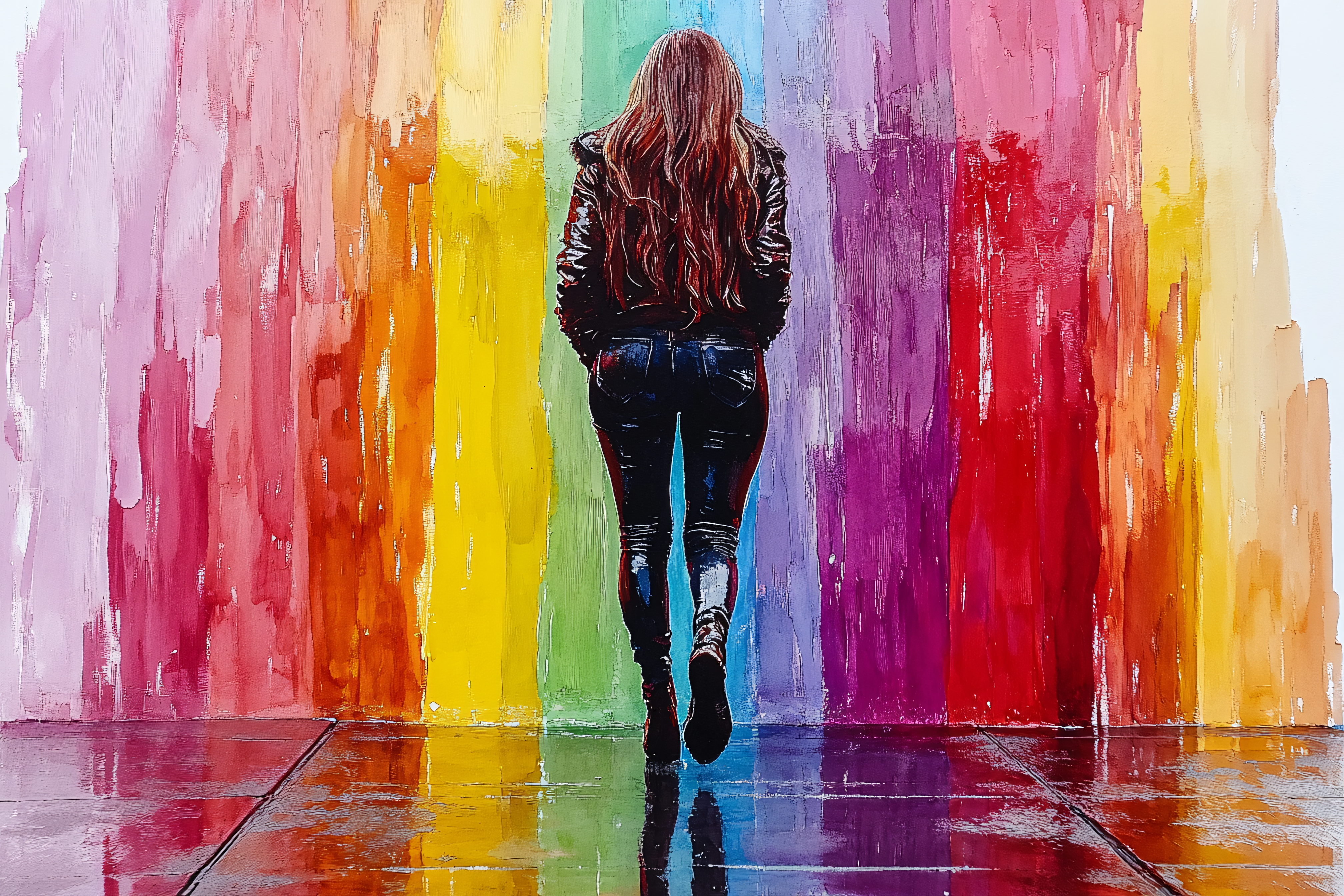 Woman Walking Towards Rainbow Wall