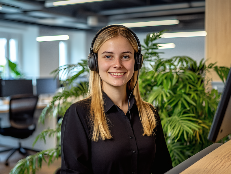 Woman Wearing Headphones in Office