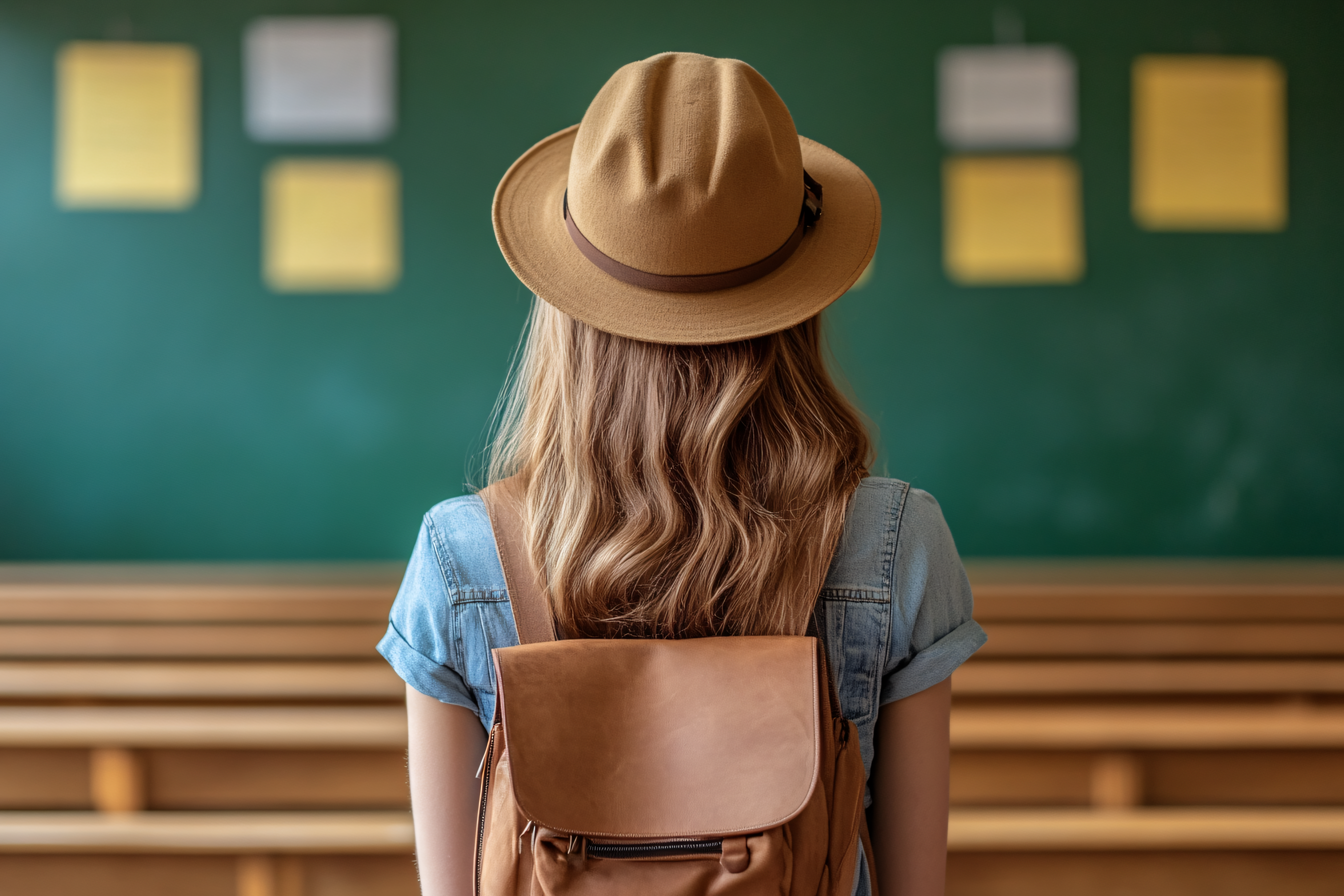 Woman With Hat In Classroom Back View