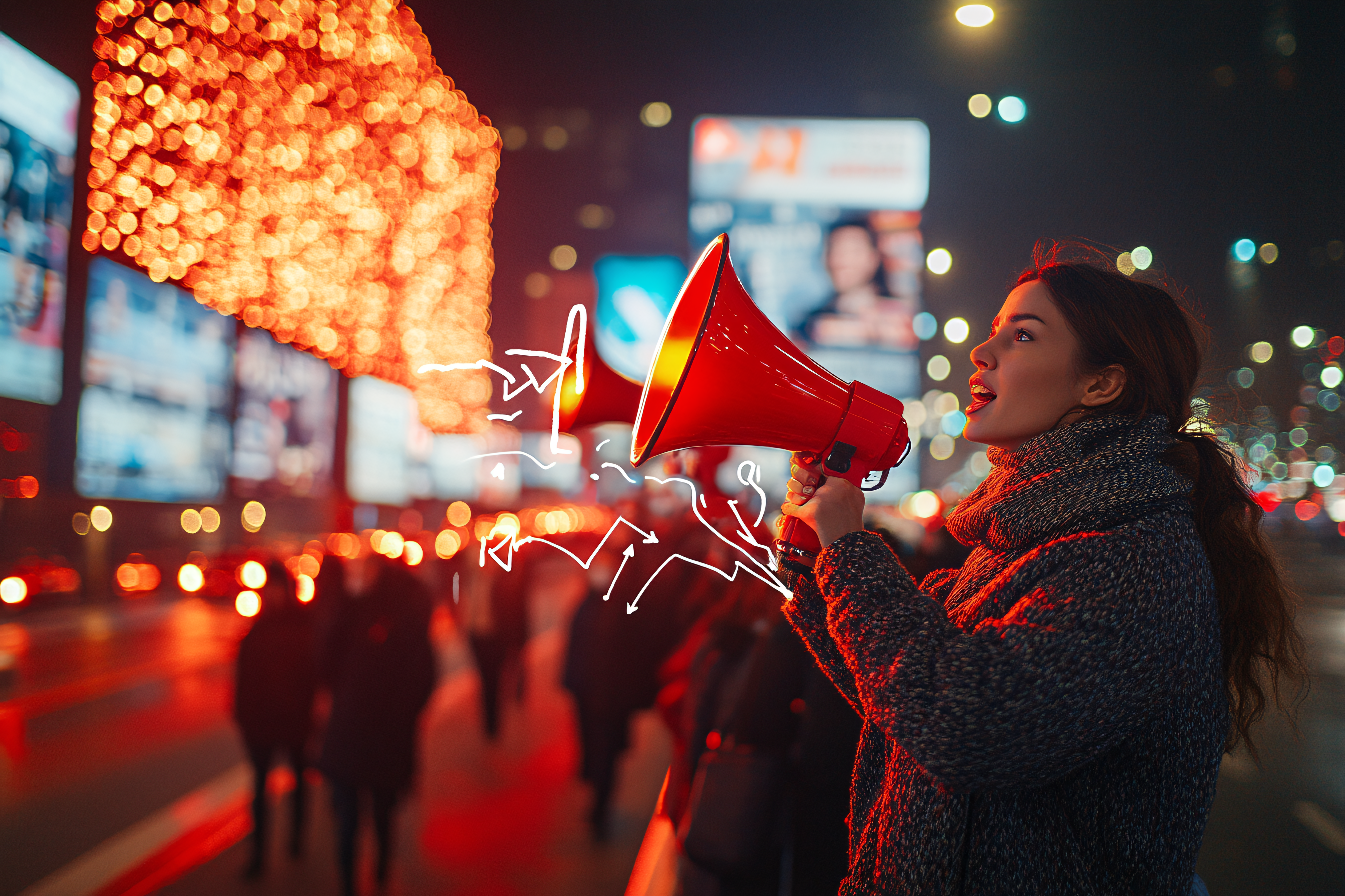 Woman with Megaphone Protesting in City at Night