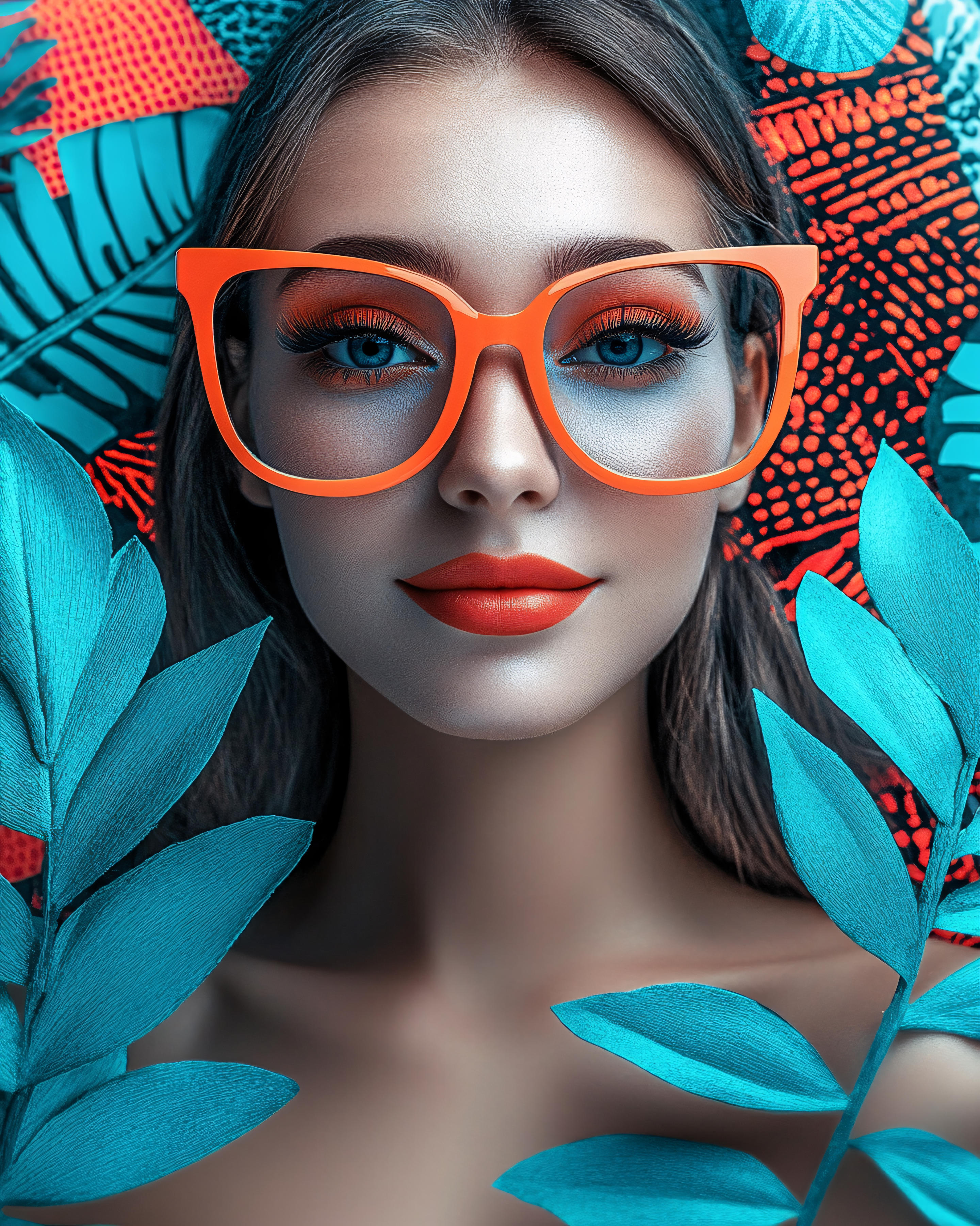Woman With Orange Glasses And Tropical Leaves