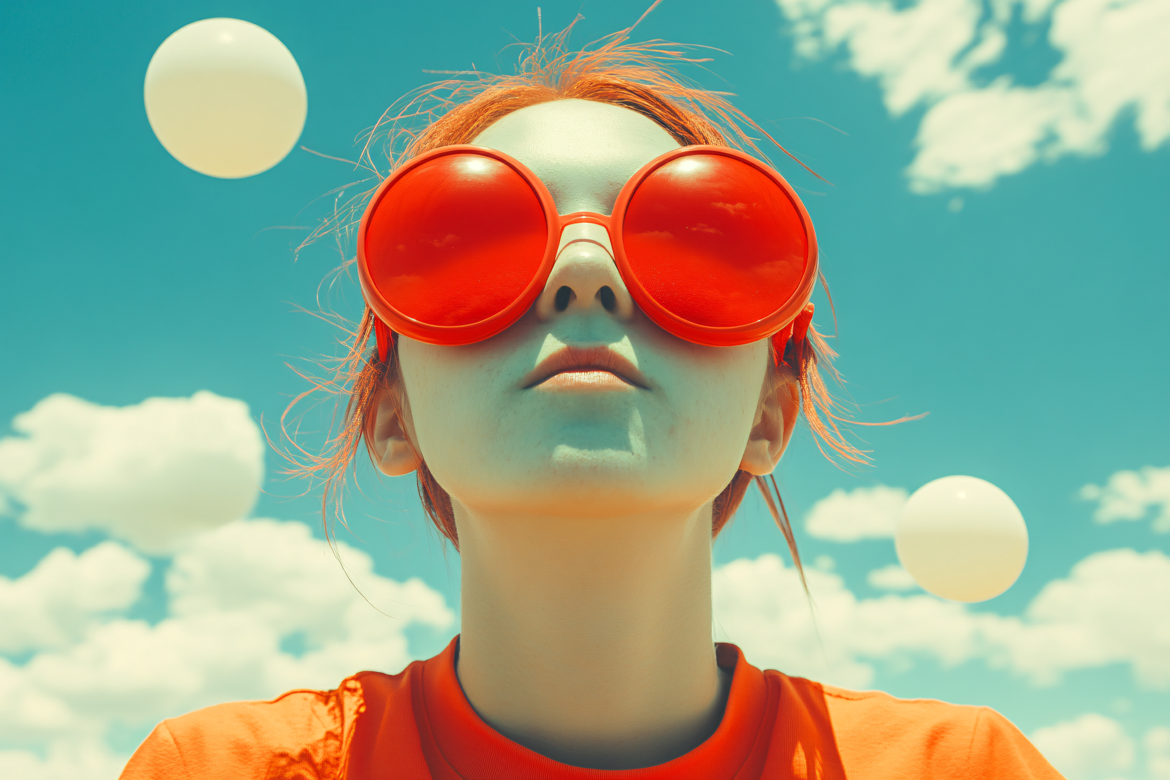 Woman with Oversized Red Sunglasses Gazing Skyward