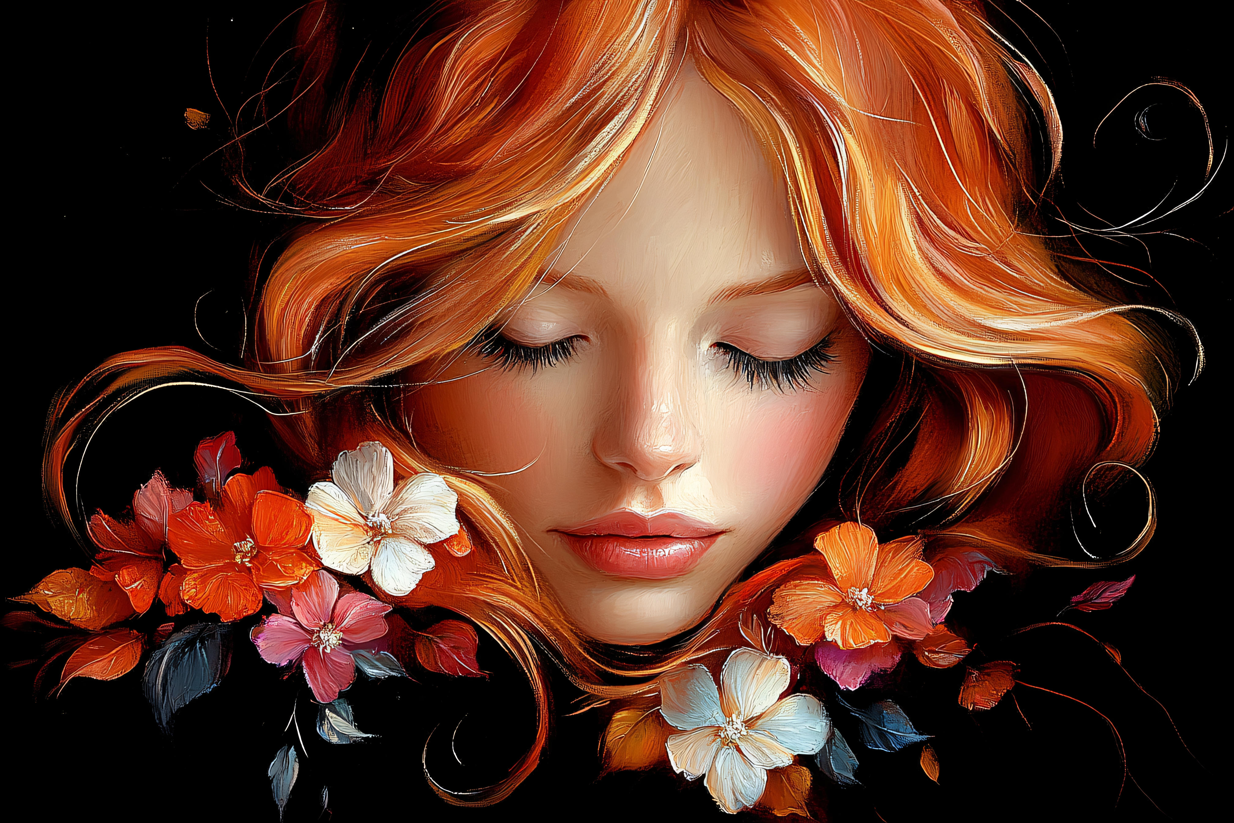 Woman with Red Hair and Flowers