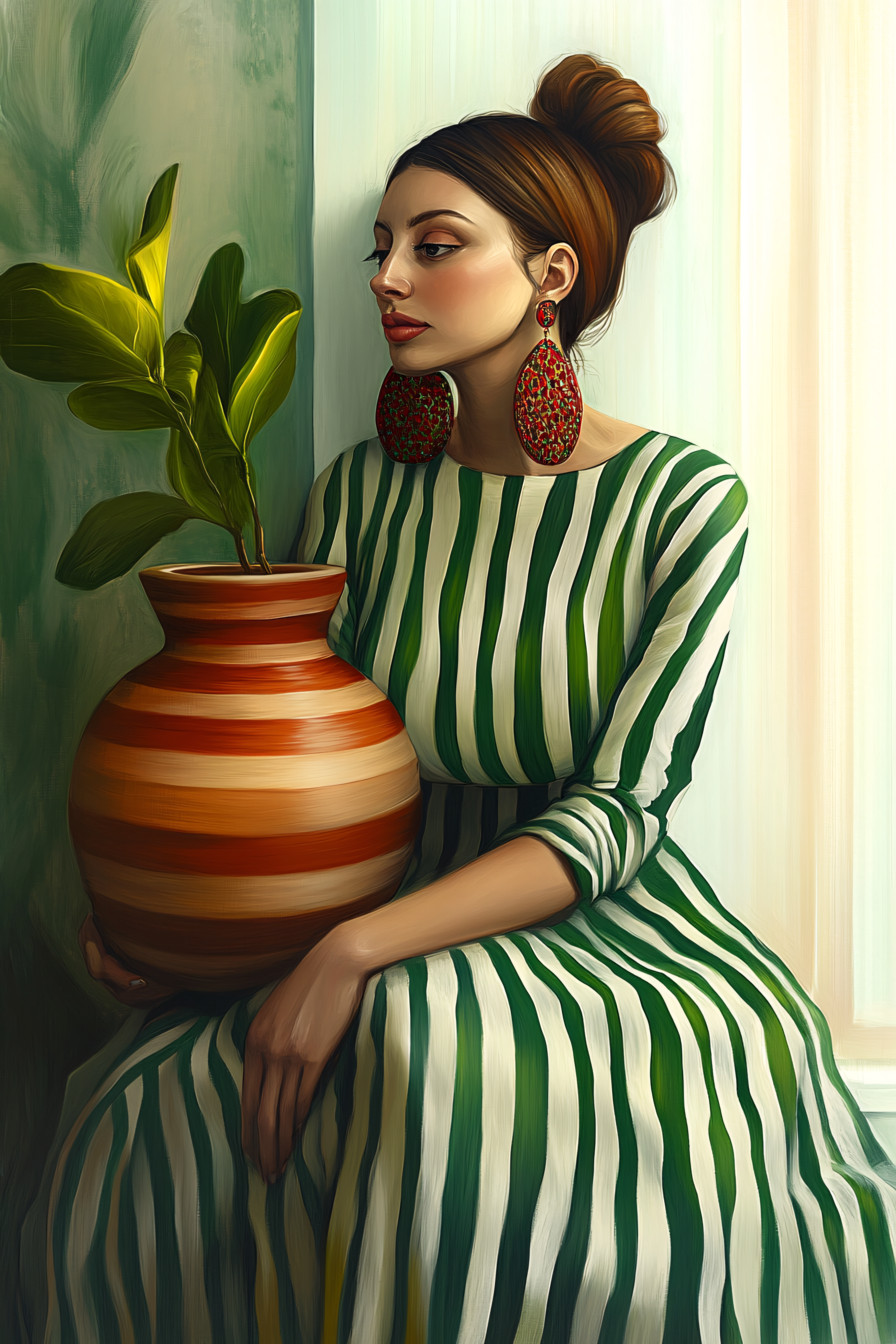 Woman With Striped Dress And Plant Pot