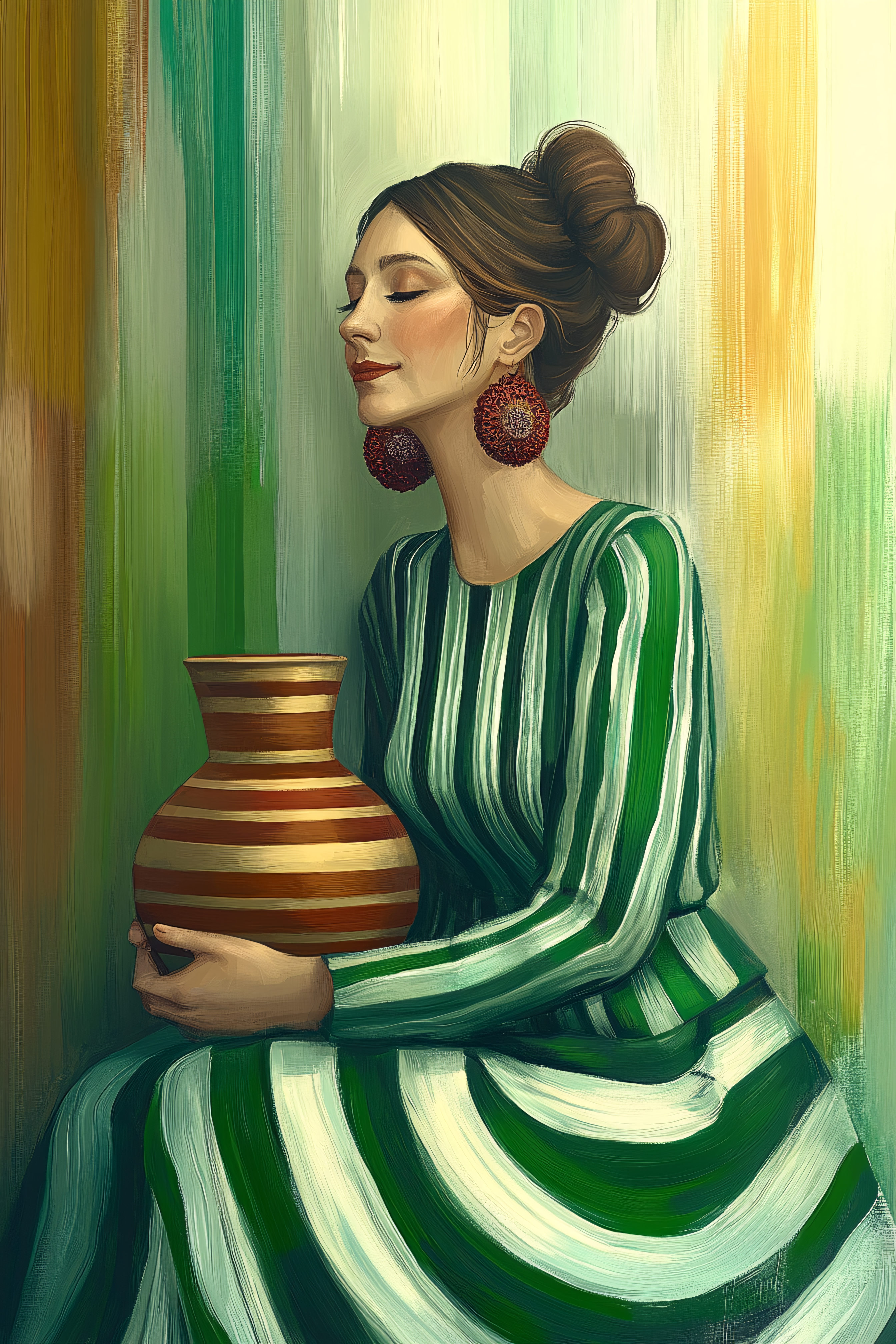 Woman with Striped Dress Holding Vase