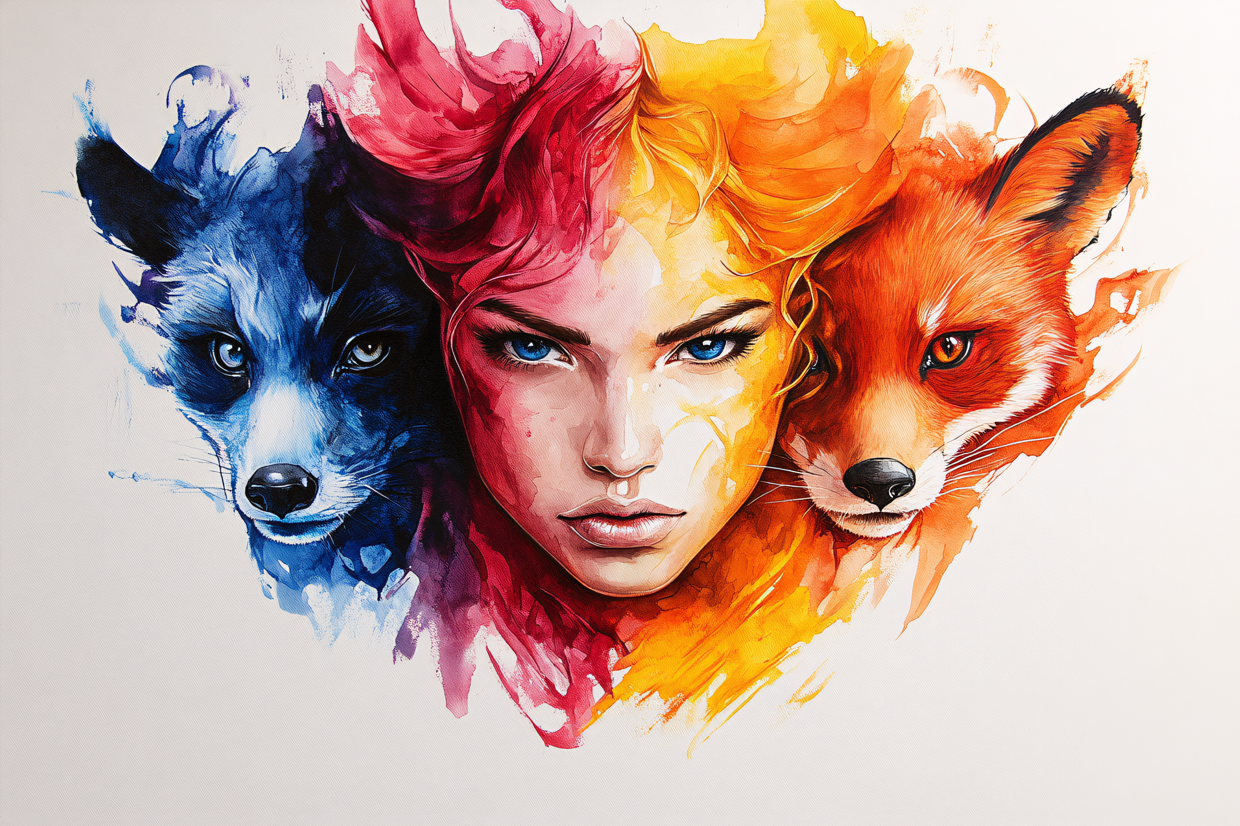 Woman with Wolf and Fox Watercolor