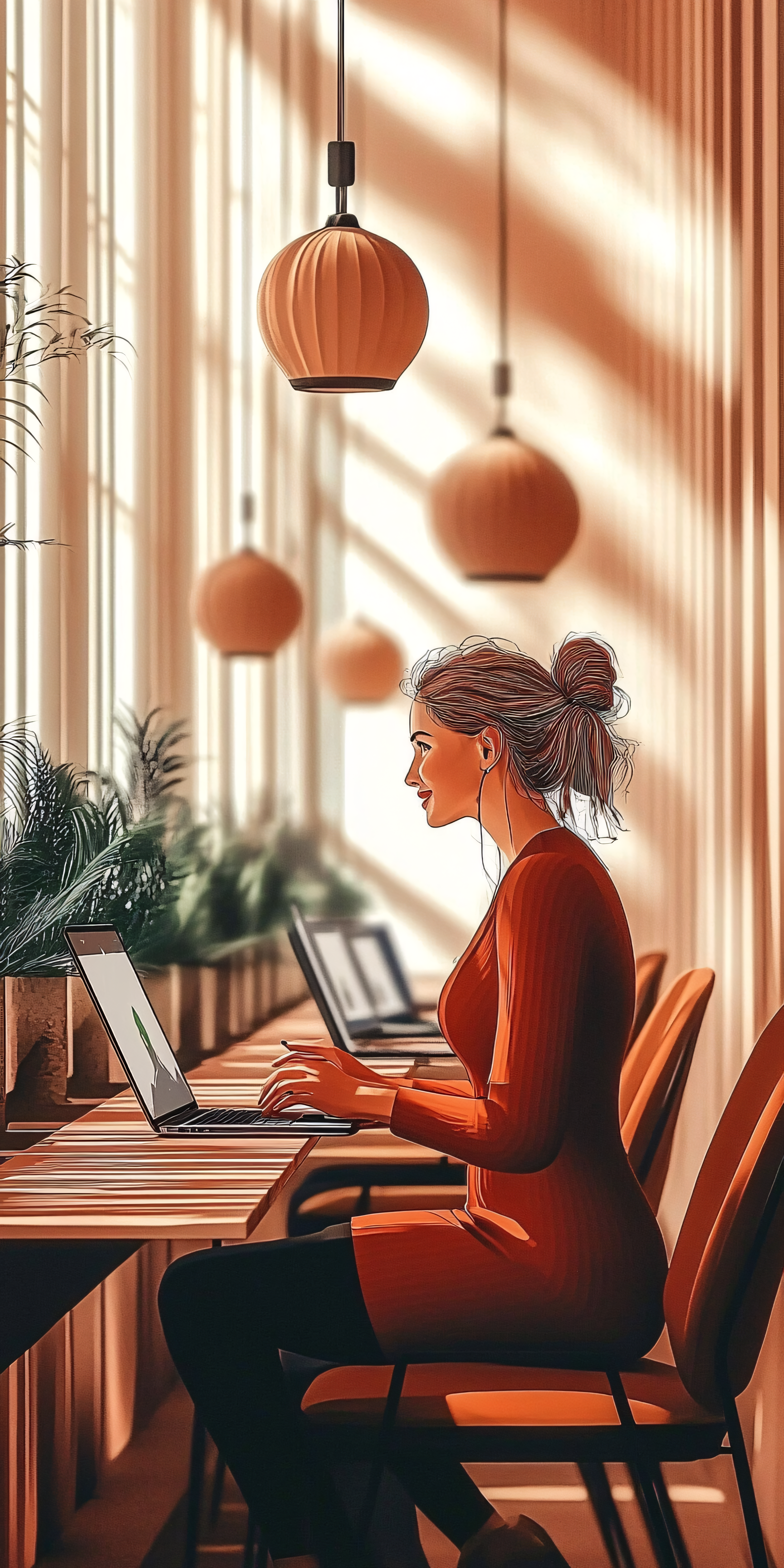 Woman Working In Cozy Cafe