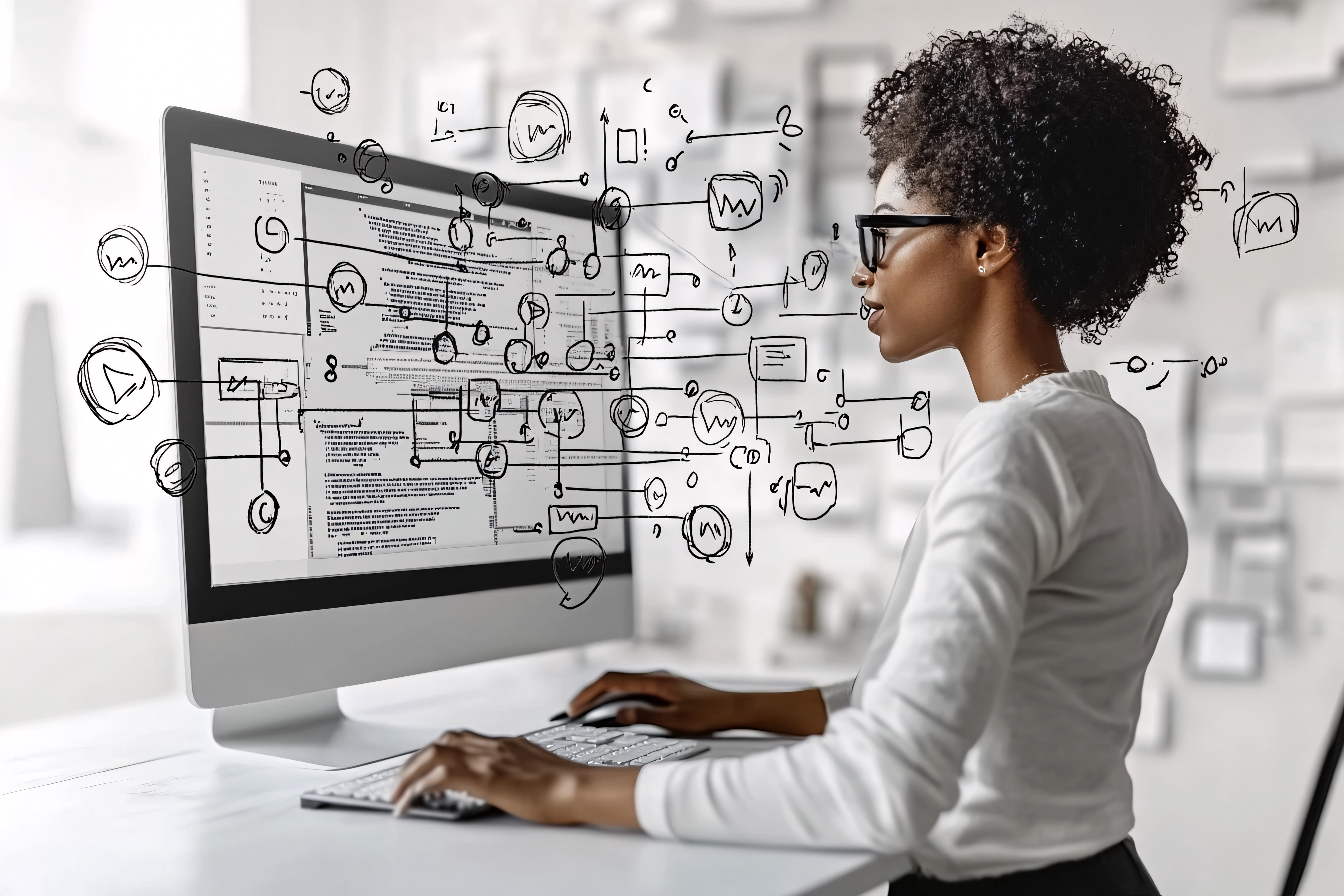 Woman Working on Complex Diagram