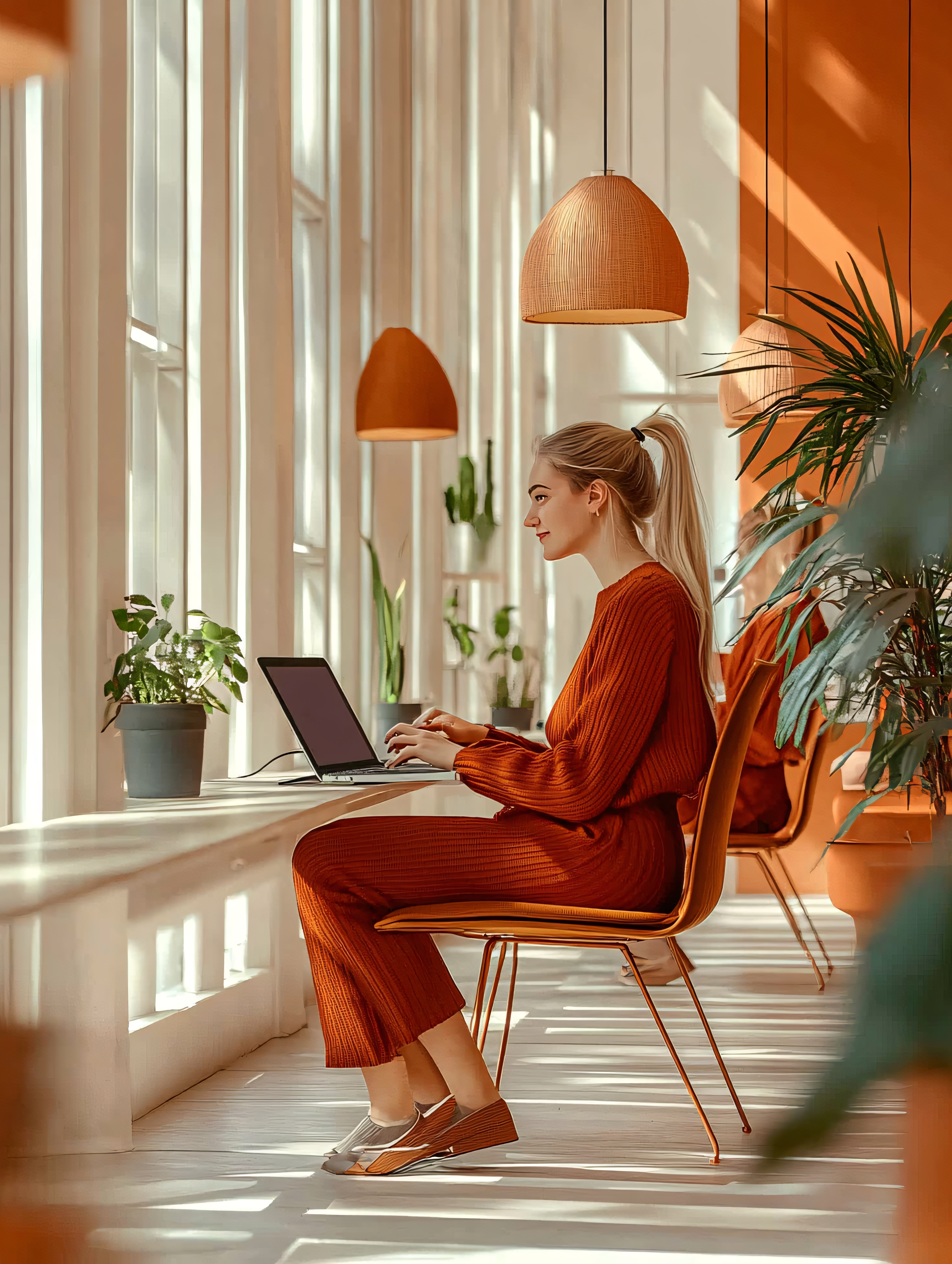 Woman Working on Laptop In Bright Office