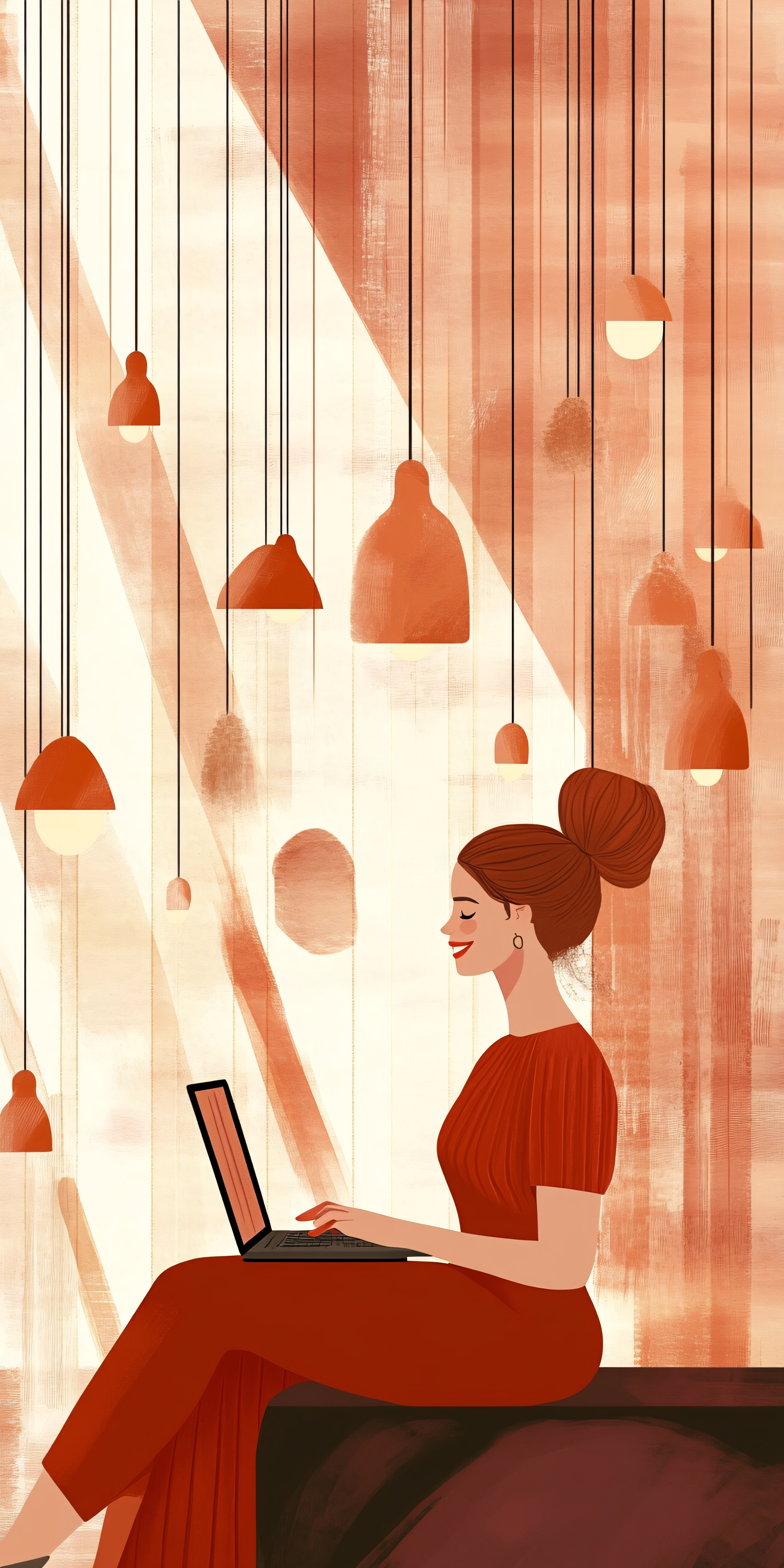 Woman Working on Laptop in Cafe with Hanging Lamps
