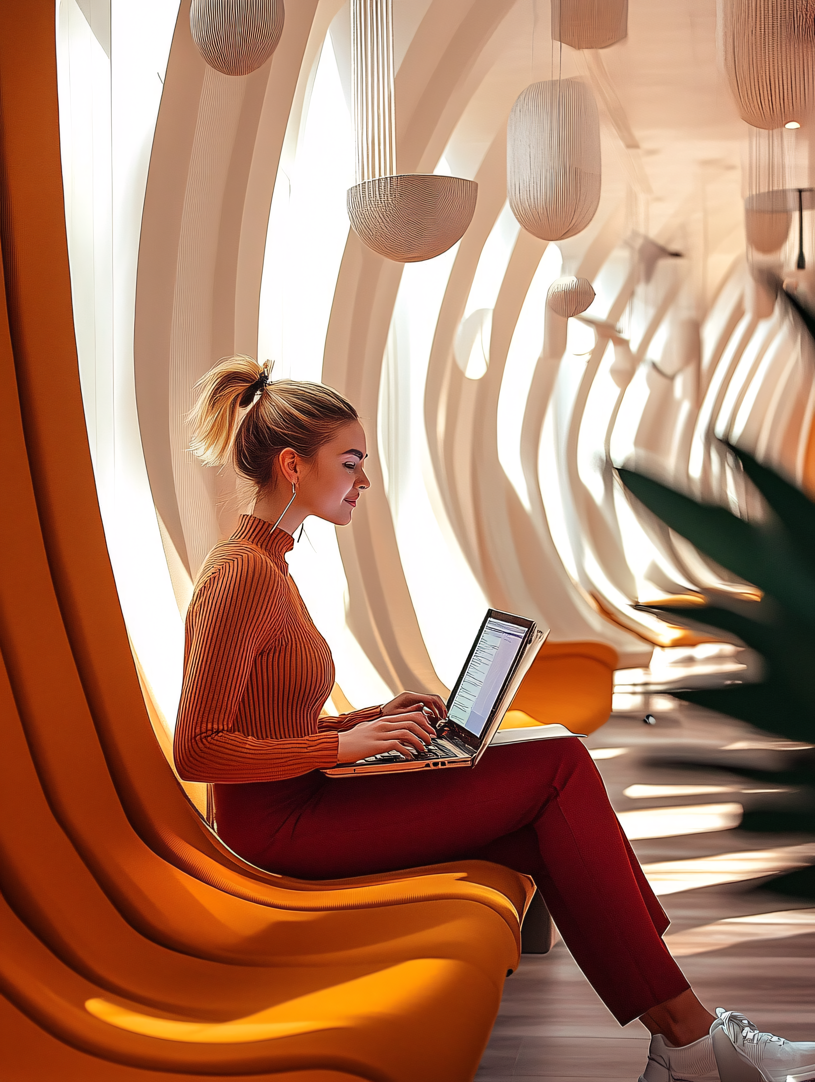Woman Working On Laptop In Modern Office