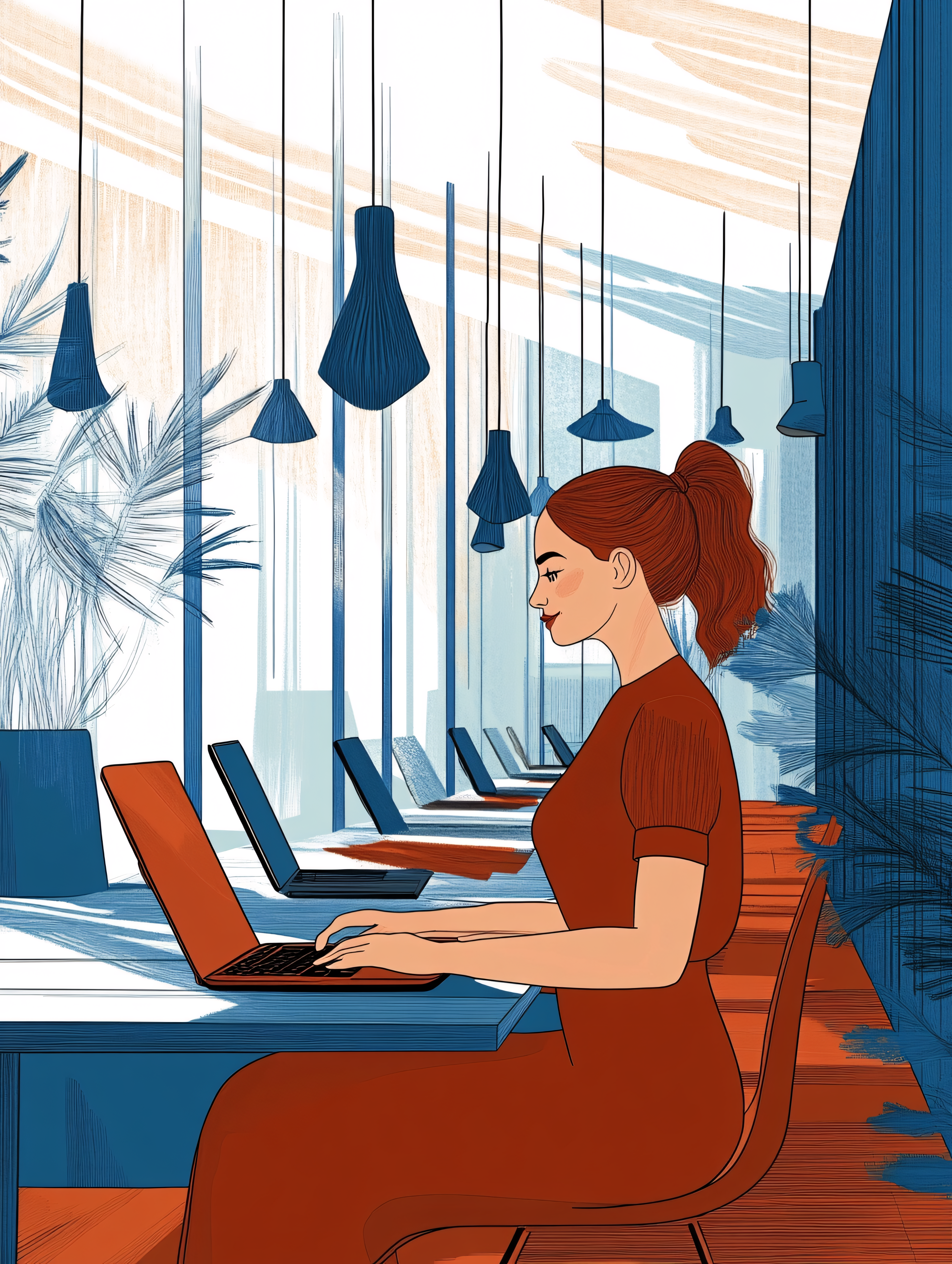 Woman Working on Laptop in Modern Office