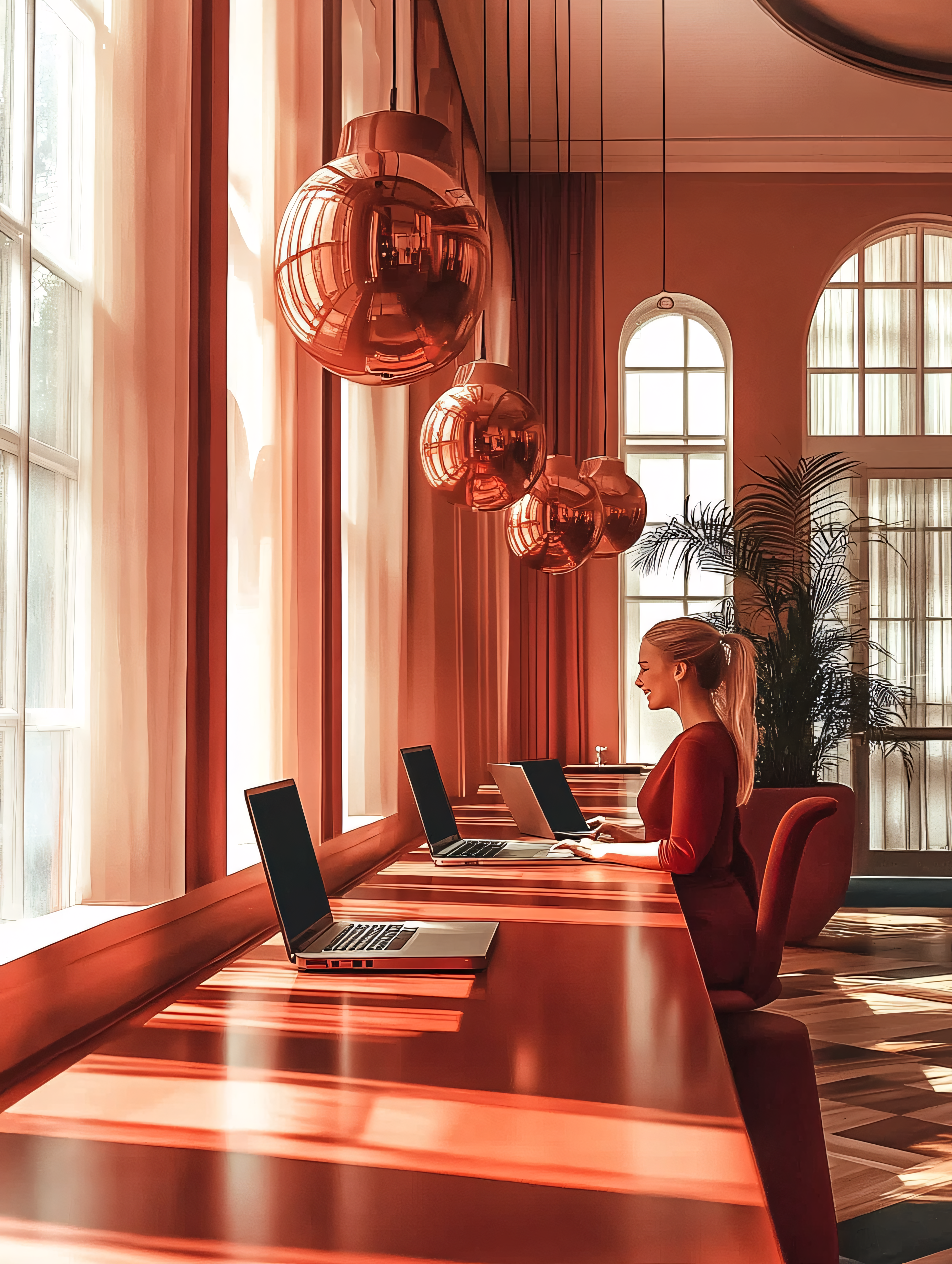Woman Working on Laptop in Modern Orange Interior
