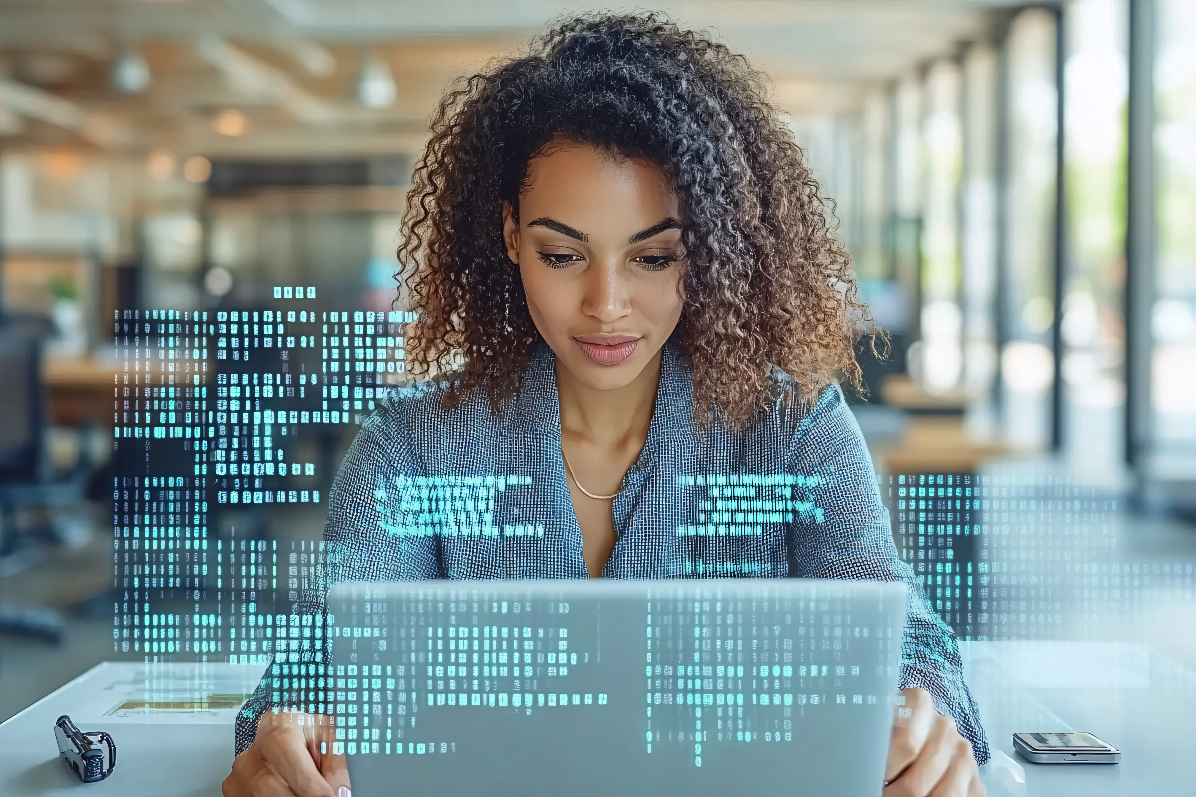 Woman Working on Laptop with Binary Code Overlay