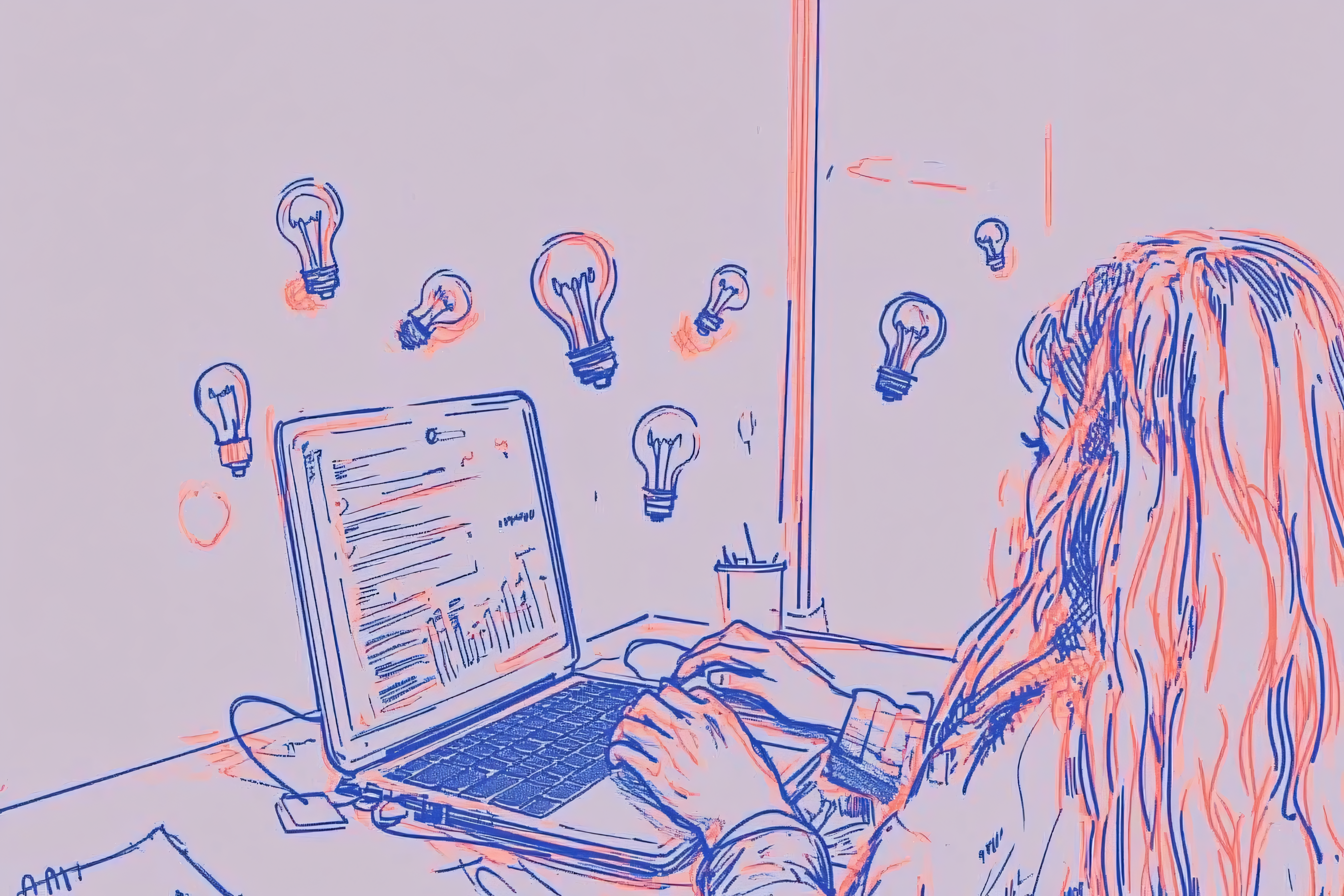 Woman Working on Laptop with Idea Bulbs