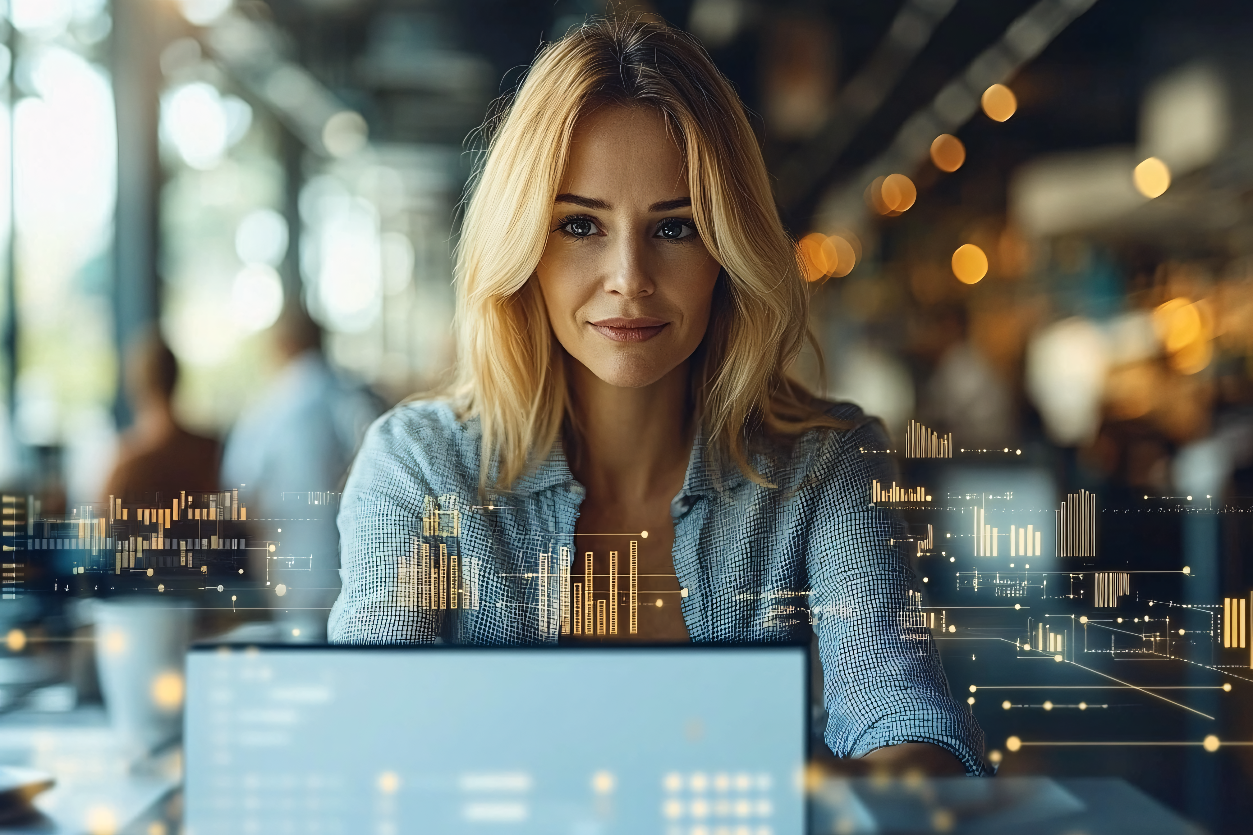 Woman Working with Data Visualization in Cafe