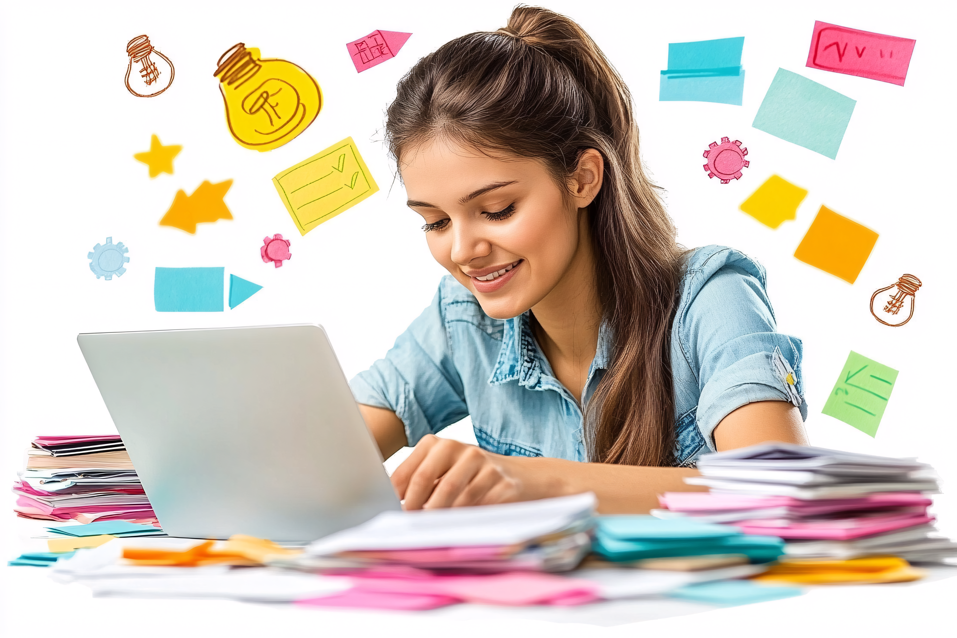 Woman Working With Laptop And Sticky Notes