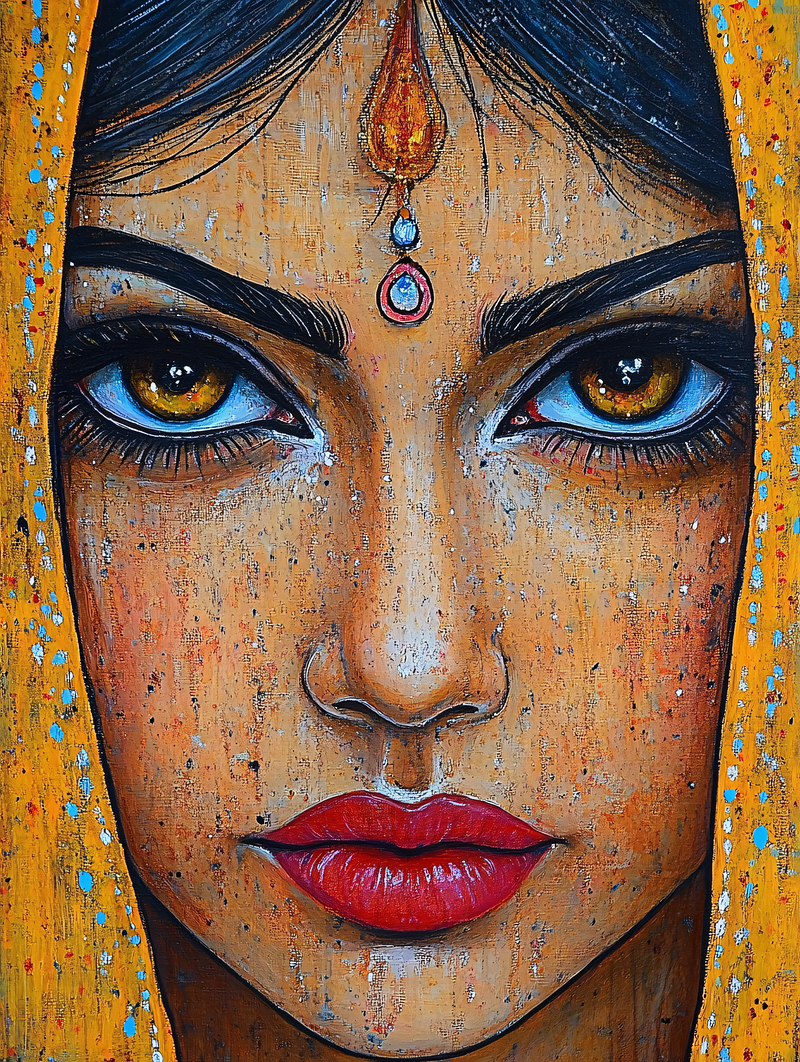 Portrait of a Woman with Golden Eyes and Red Lips, Indian Cultural Representation