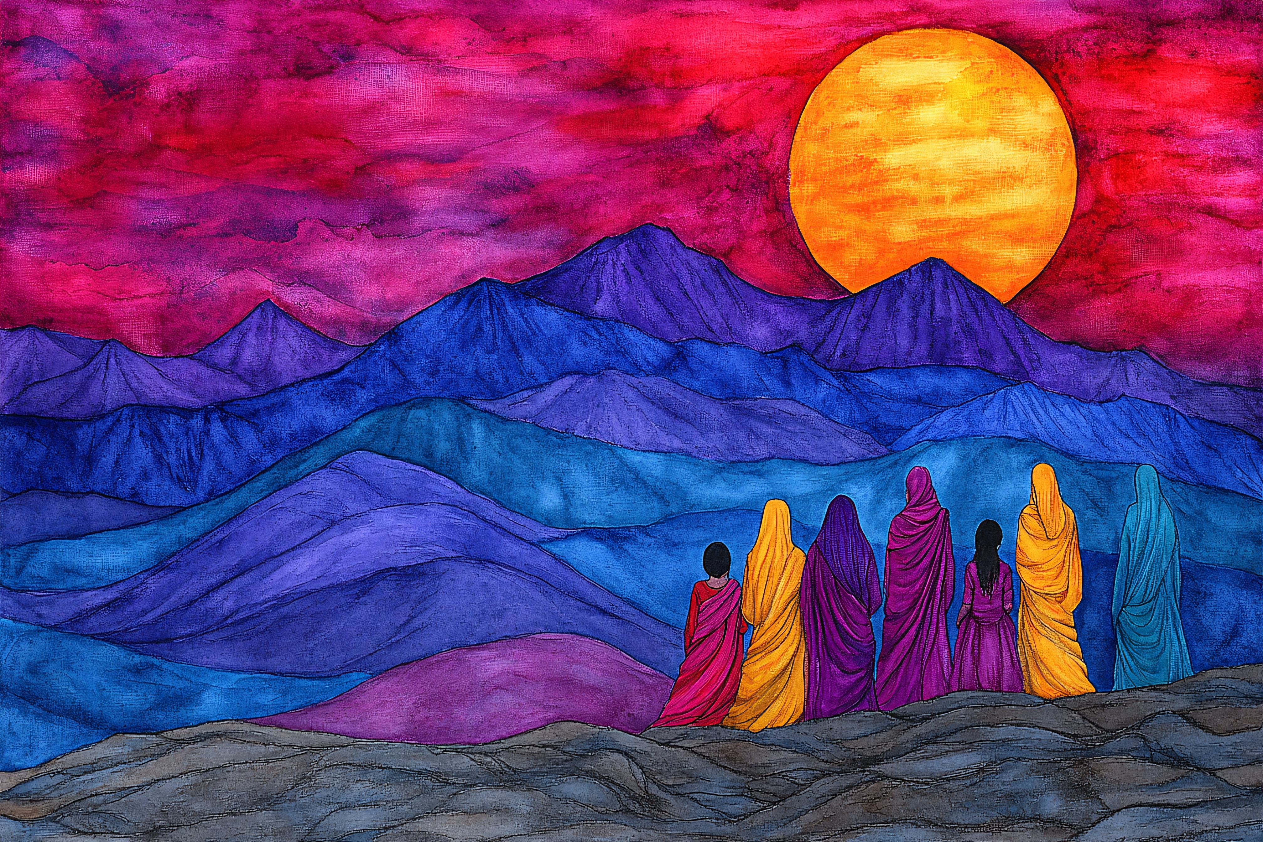 Women Gazing At Mountain Sunset
