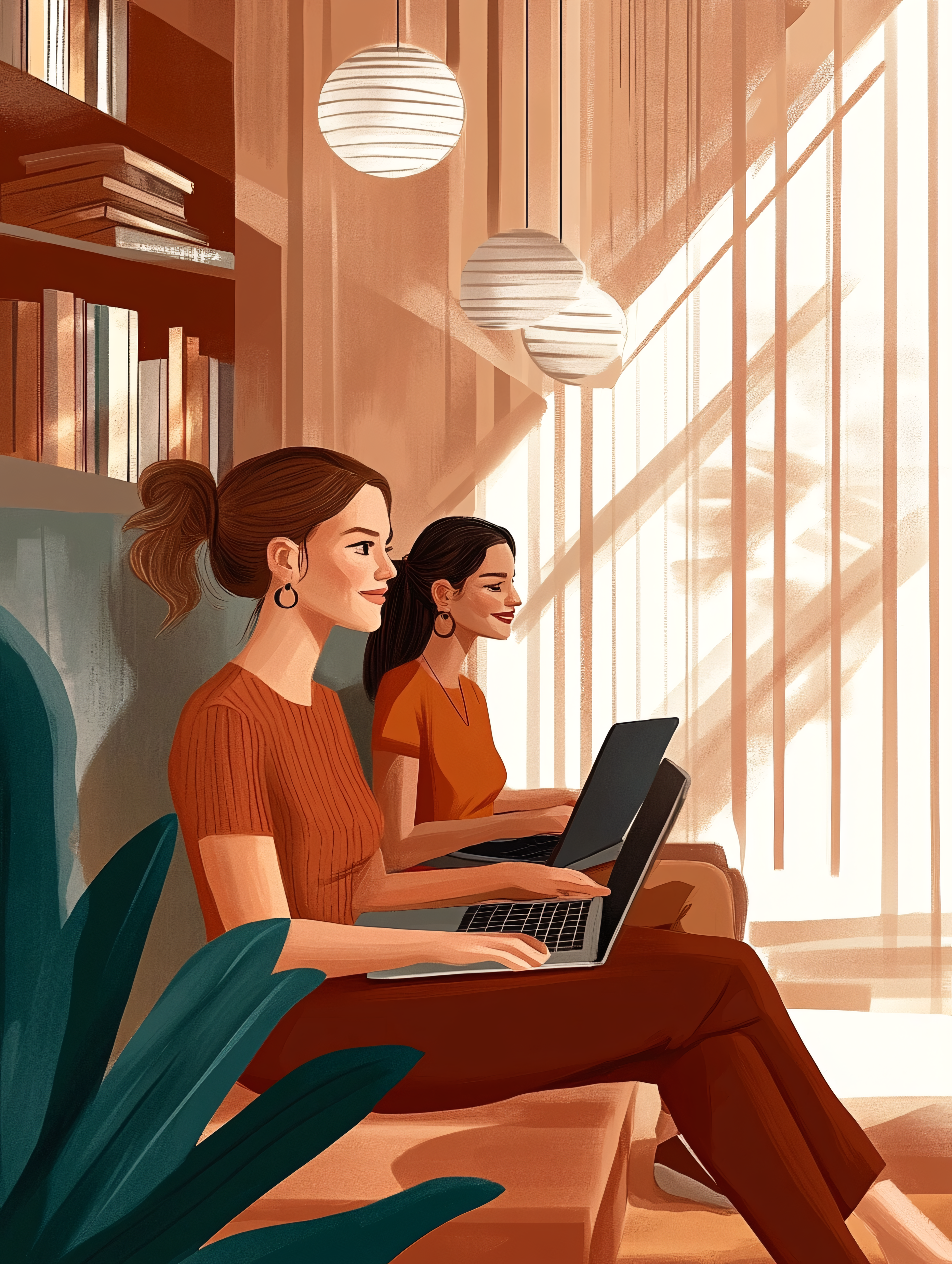 Women Working on Laptops in Bright Room