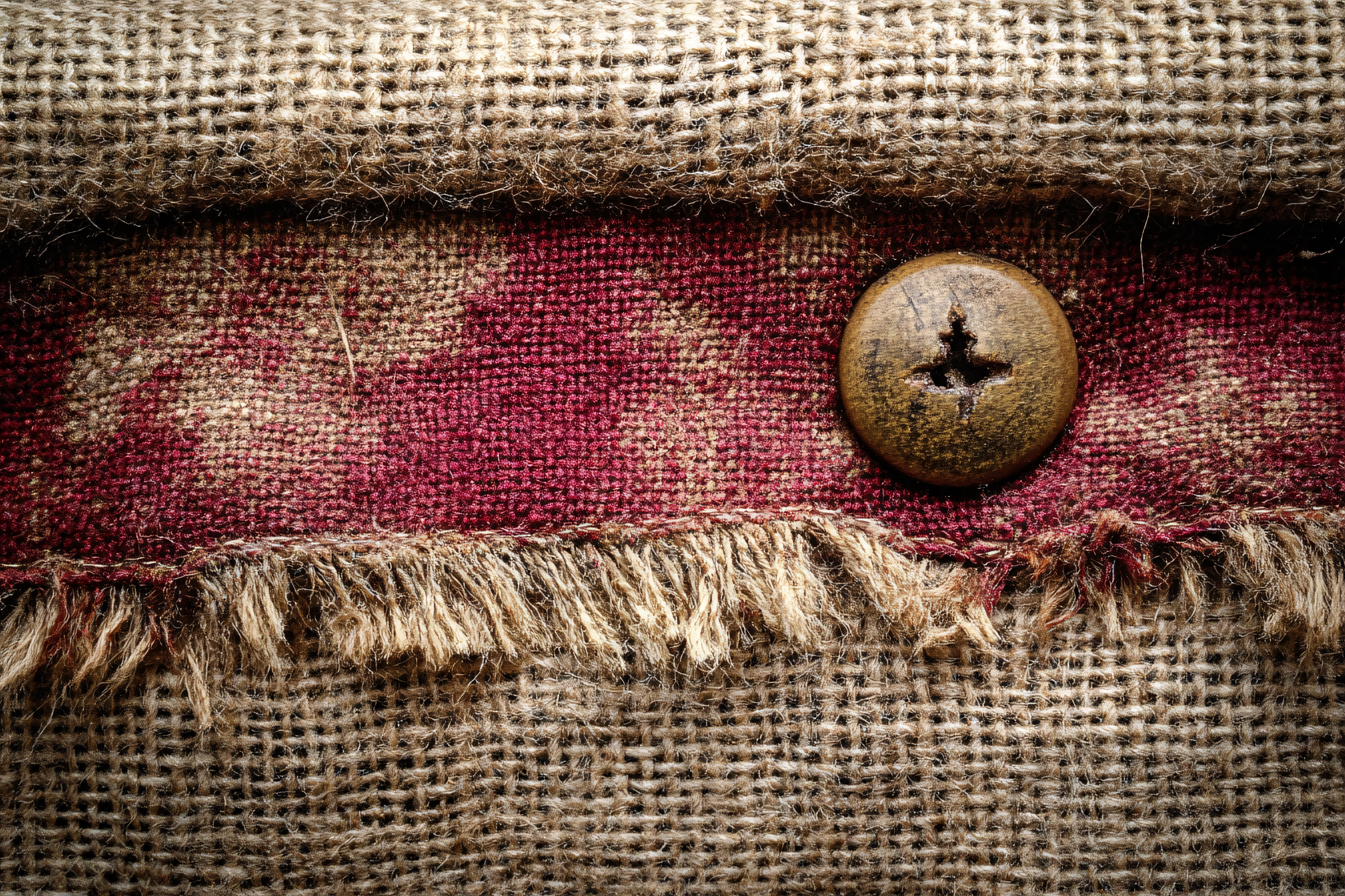 Wooden Button on Burlap Fabric