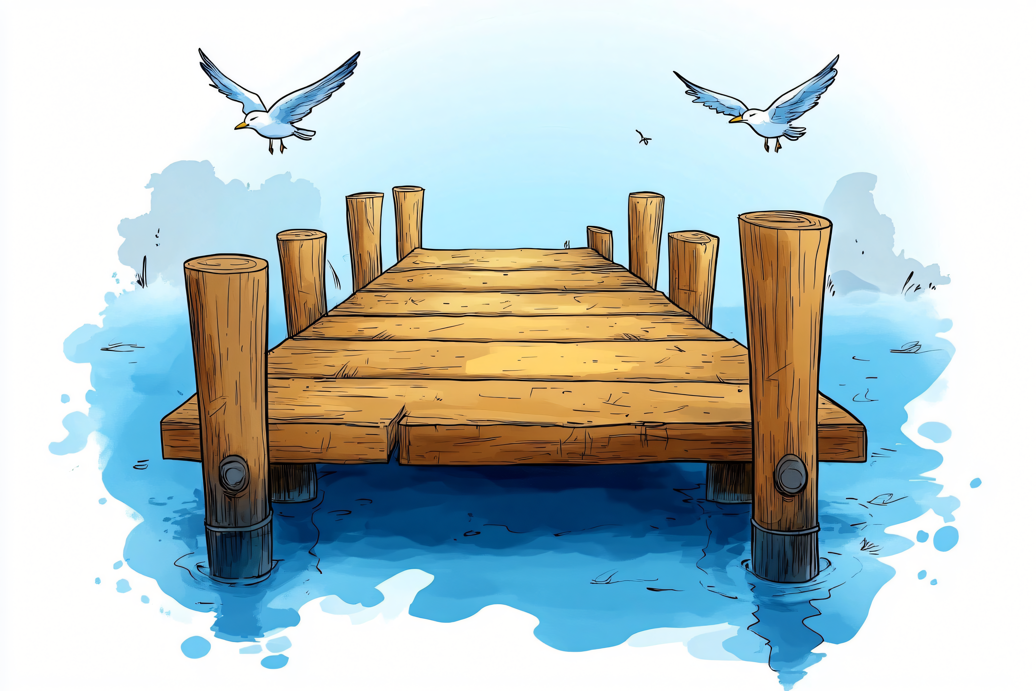 Wooden Dock with Seagulls