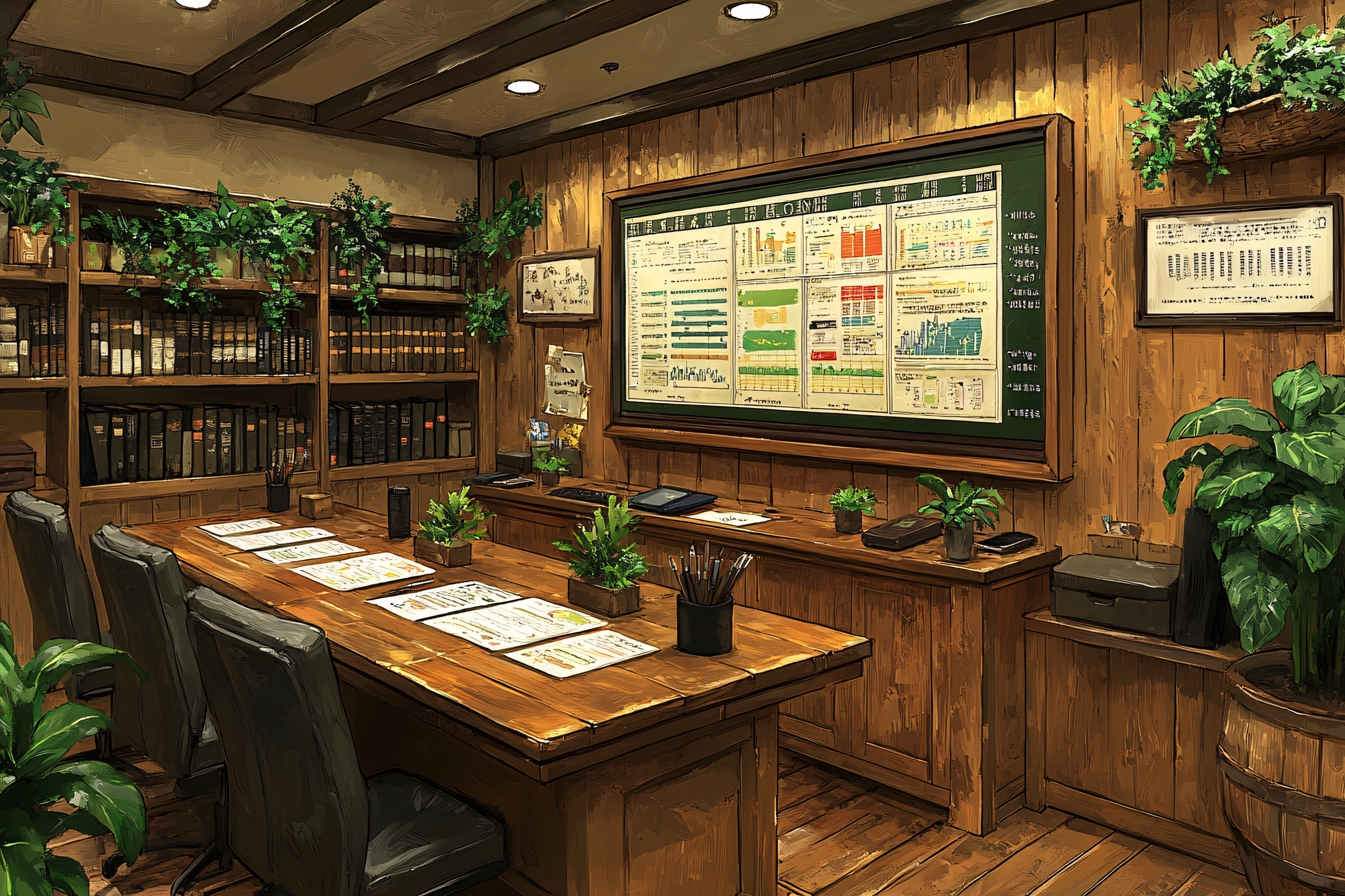 Wooden Office With Charts And Plants