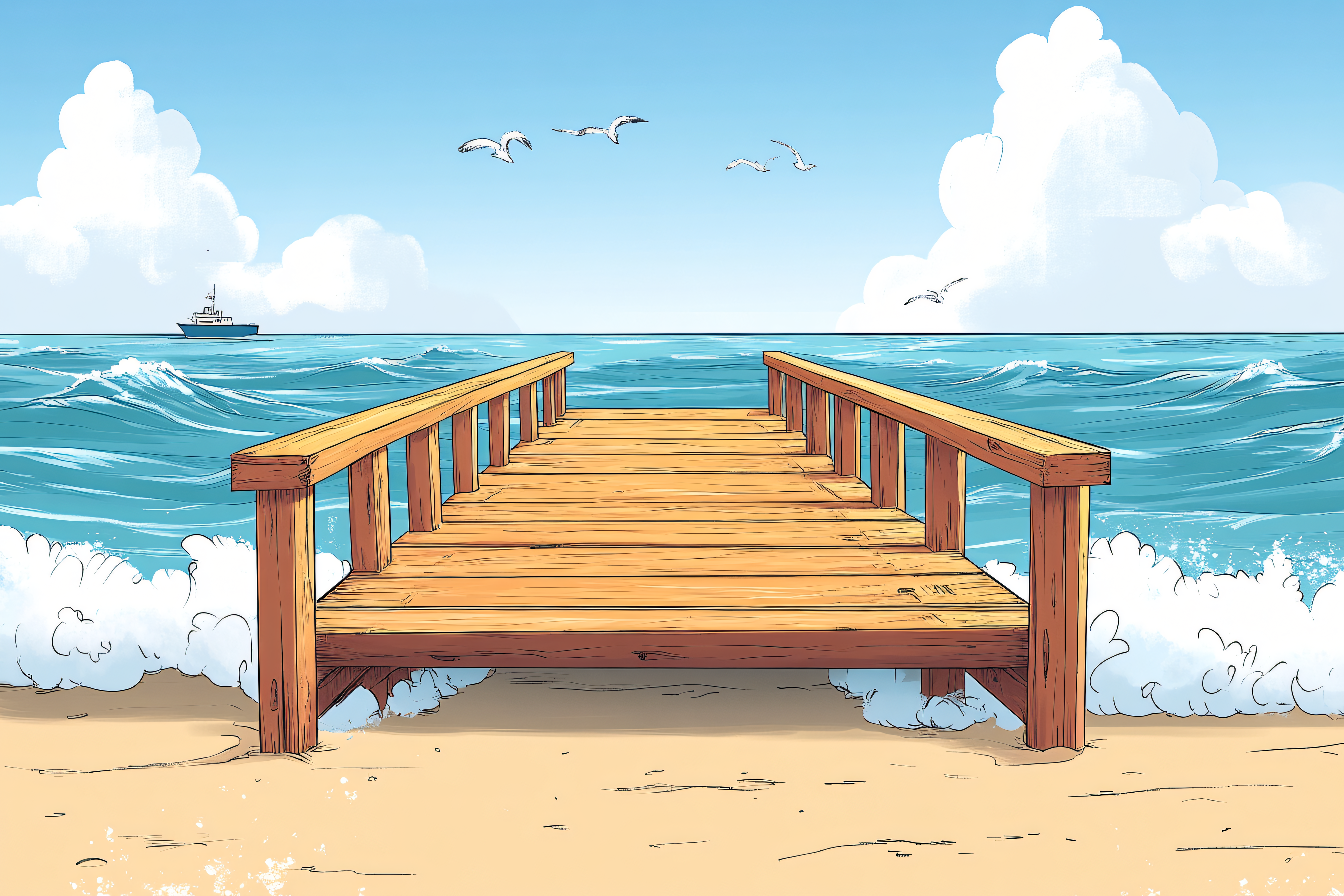 Wooden Pier on Sandy Beach