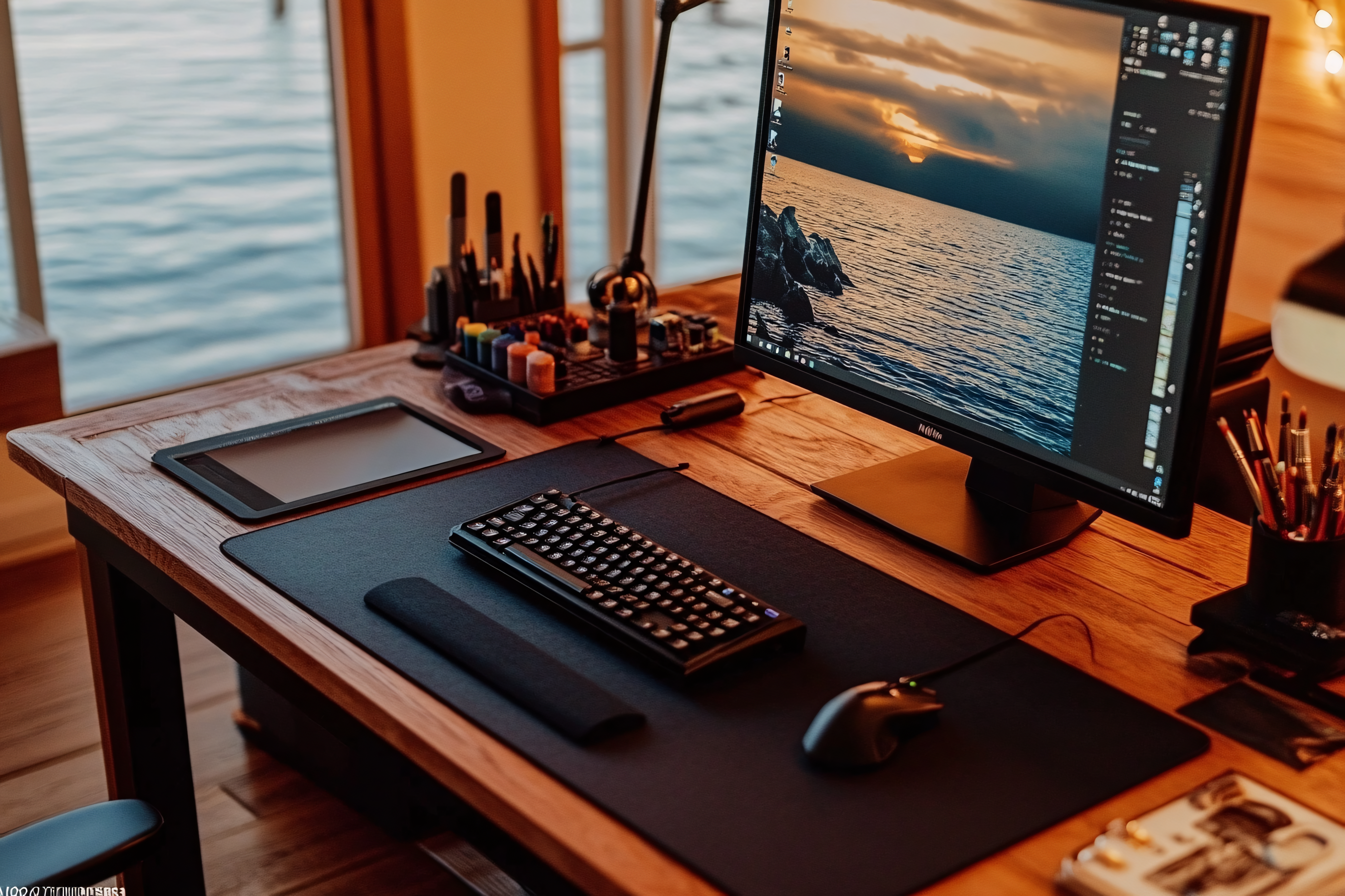 Workspace Setup with Computer and Art Supplies in Warm Light