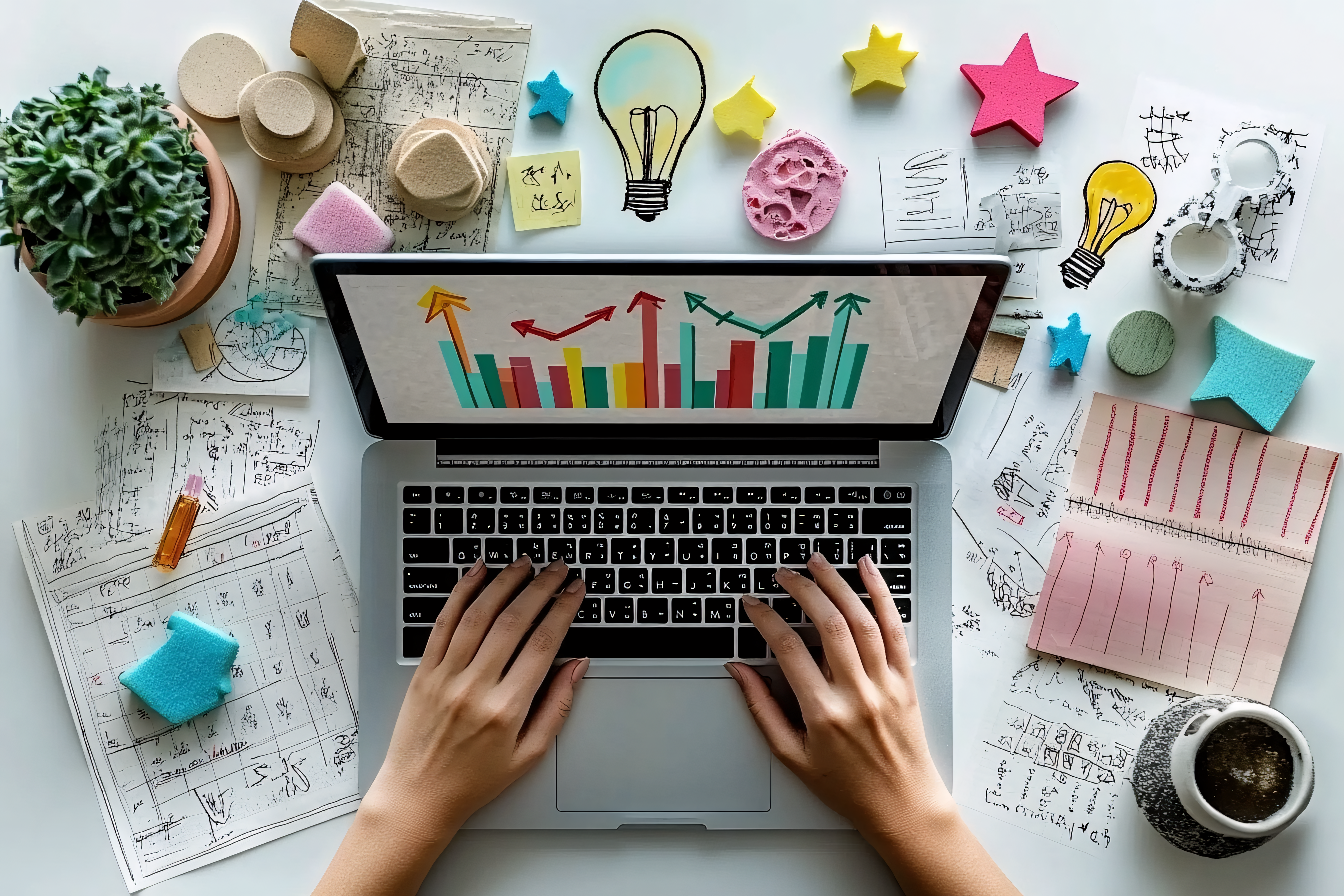 Workspace With Data Analysis And Creative Elements