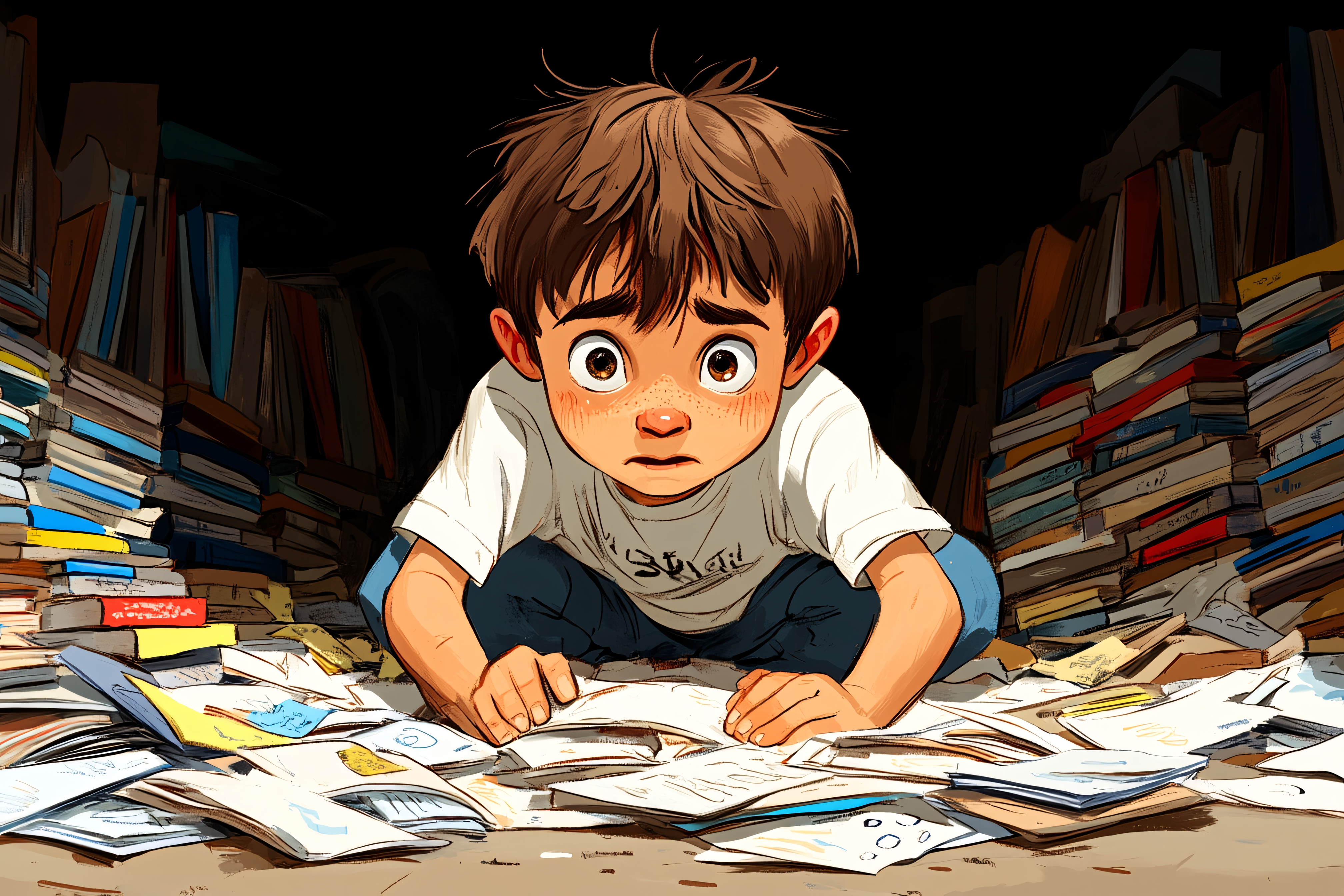 Worried Boy Amidst Scattered Papers