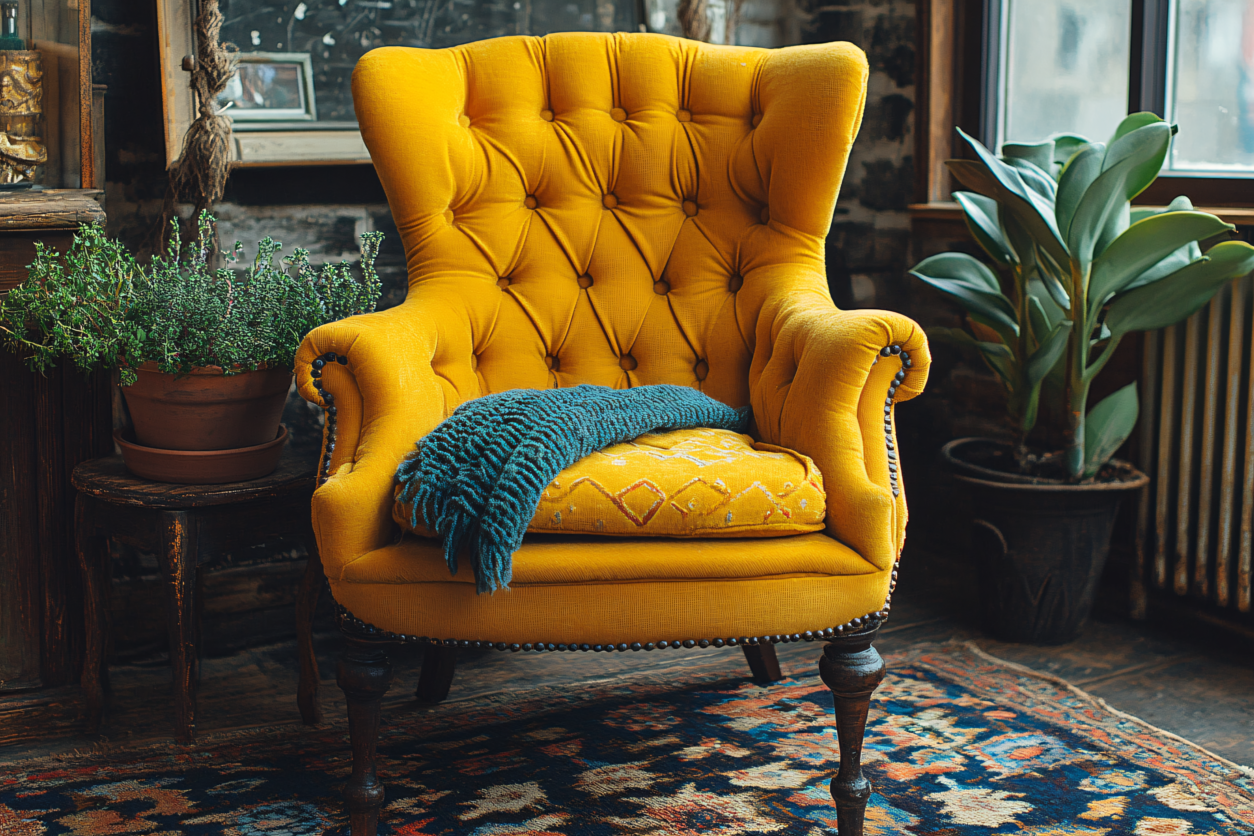 Yellow Armchair with Blue Blanket and Plants