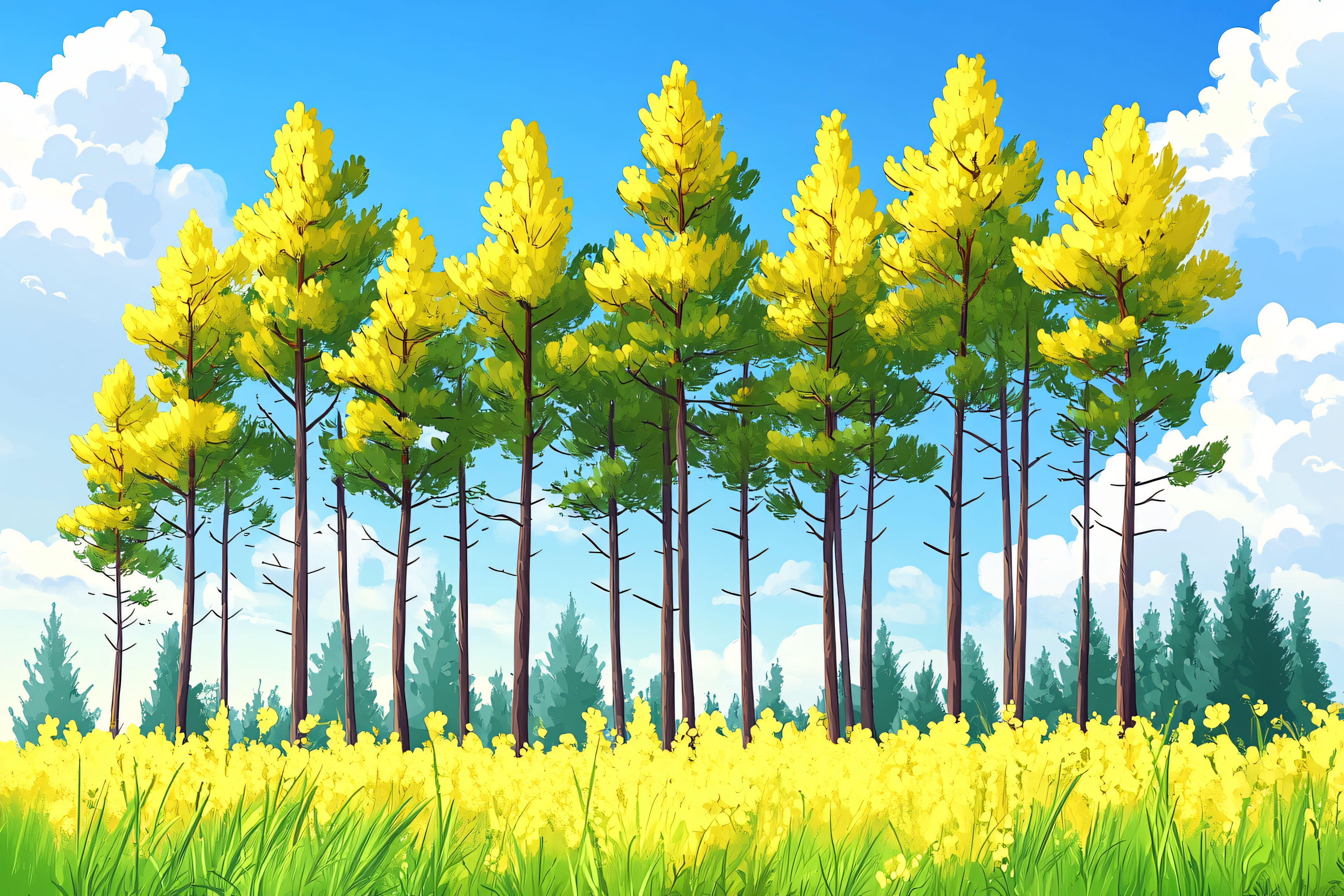 Yellow Flowers Field and Green Trees Landscape