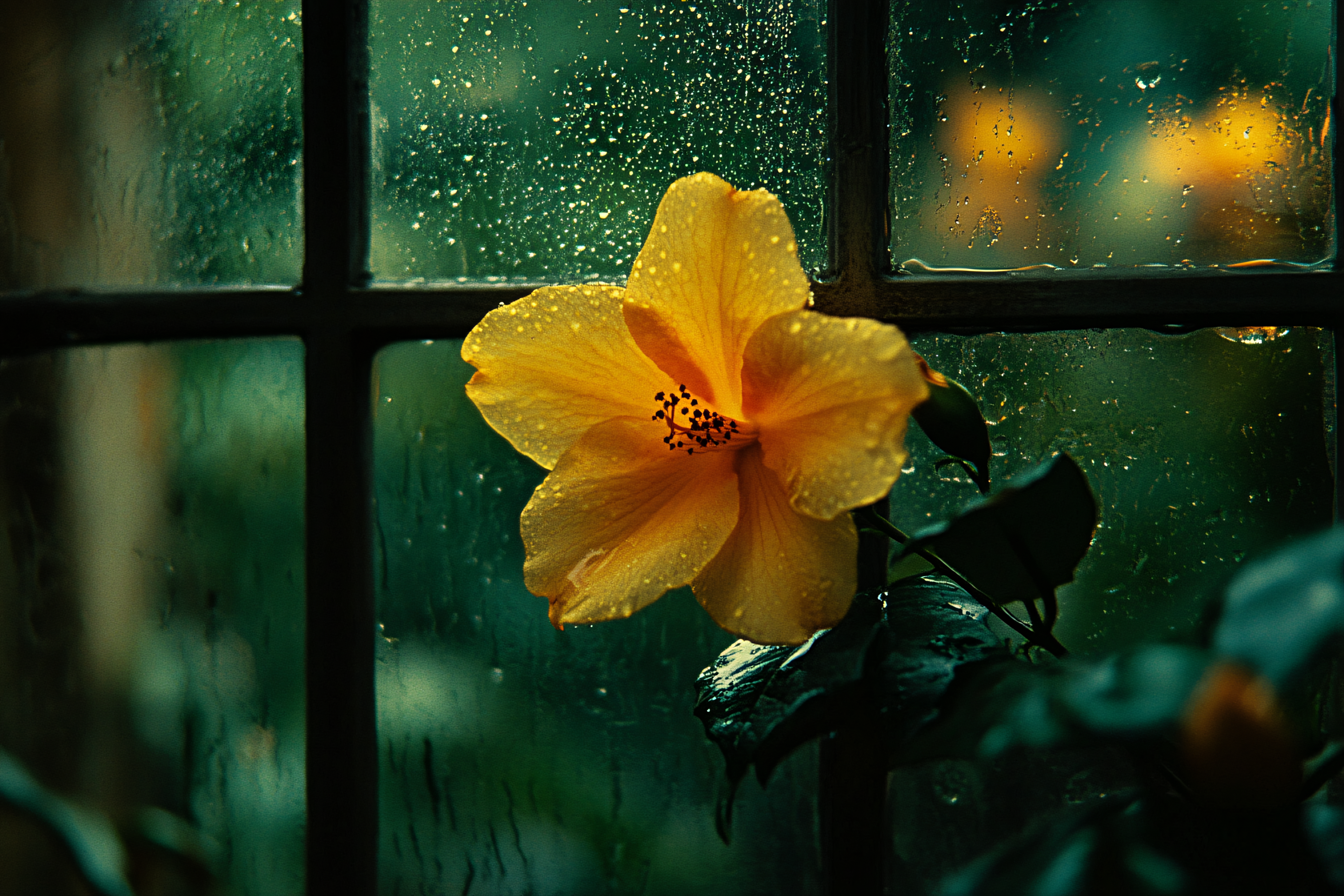 Yellow Hibiscus by Rainy Window