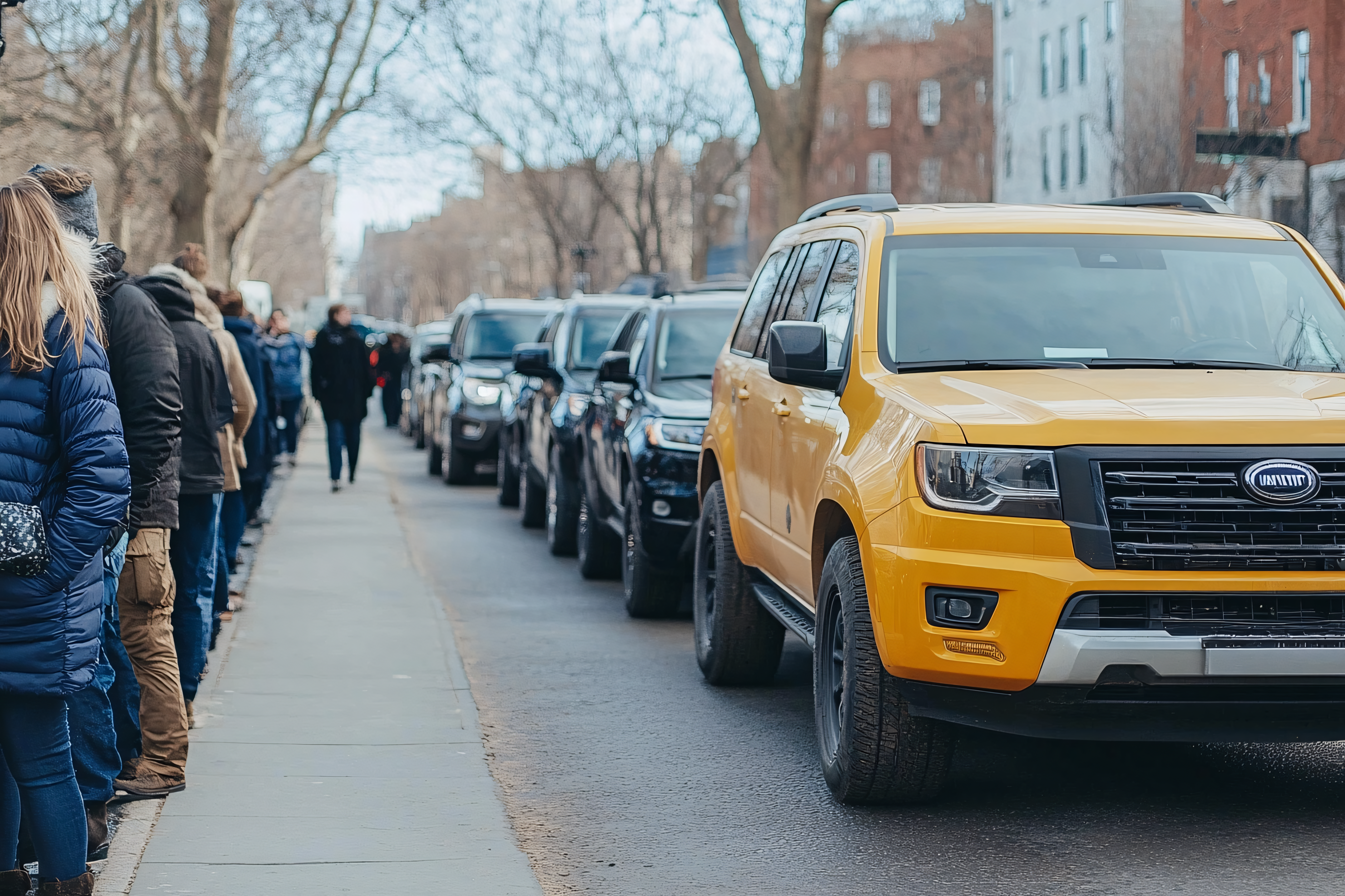 Yellow SUV on City Street with Waiting Line
