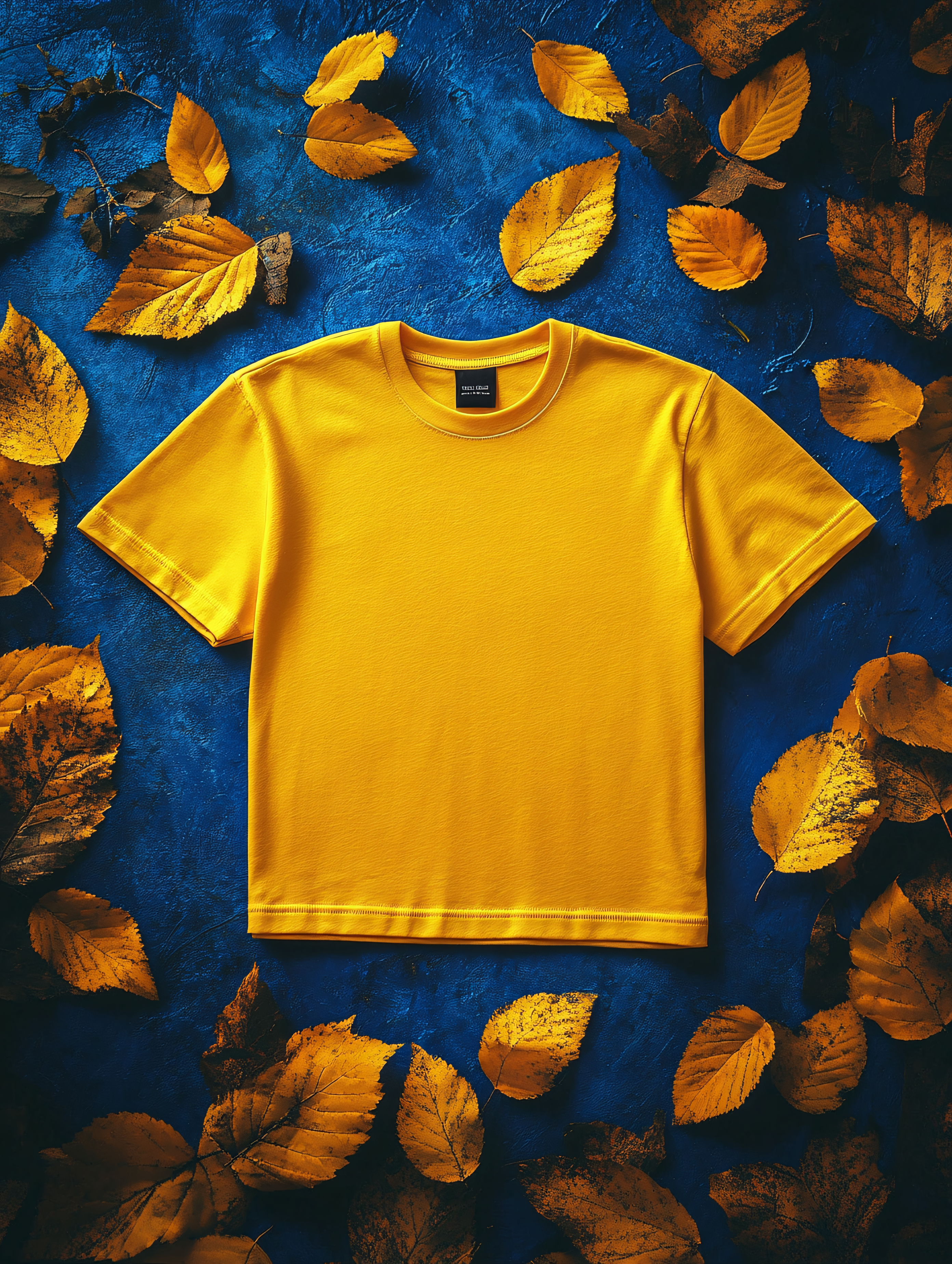 Yellow T-Shirt On Blue Background With Autumn Leaves