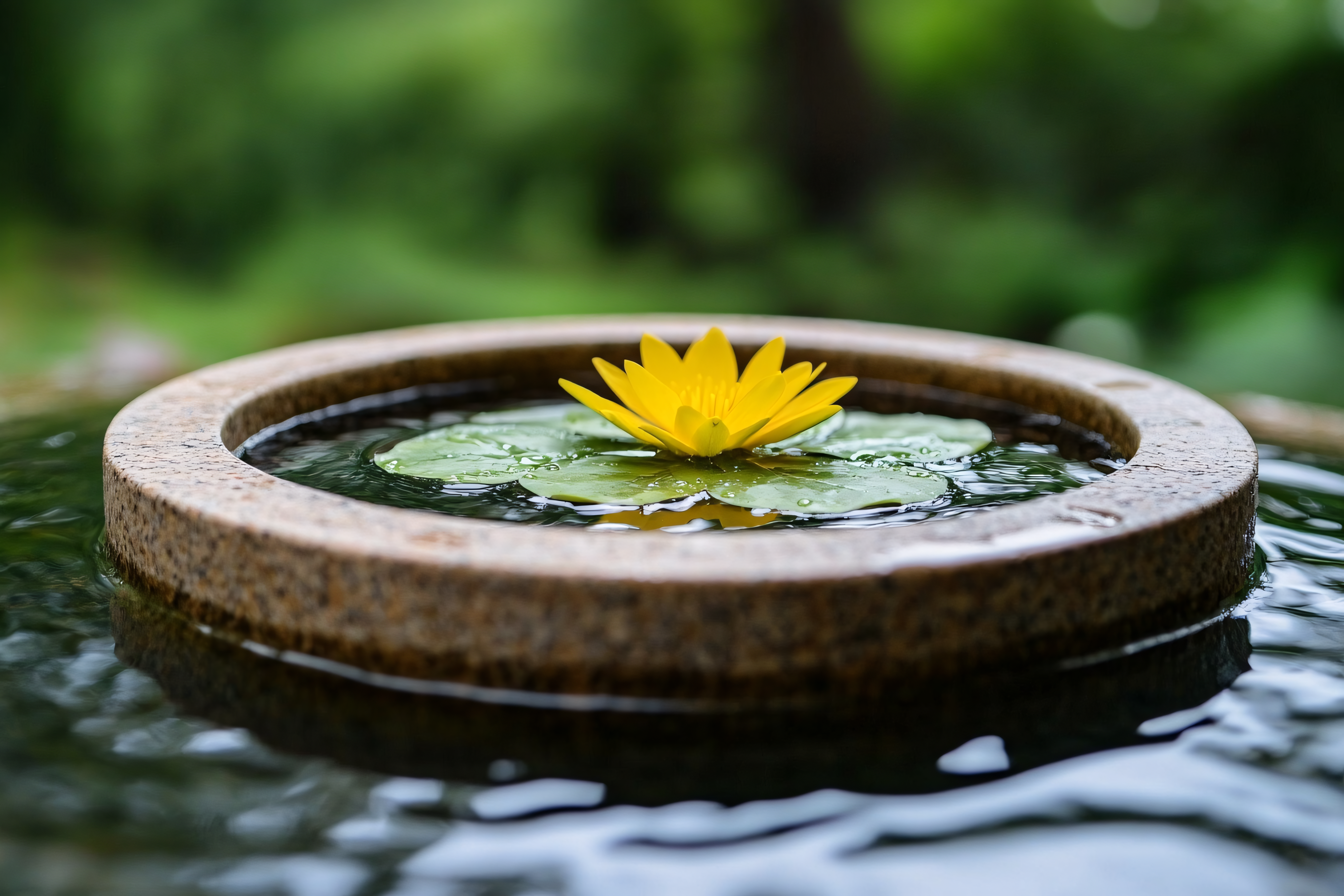 Yellow Water Lily in Stone Bowl