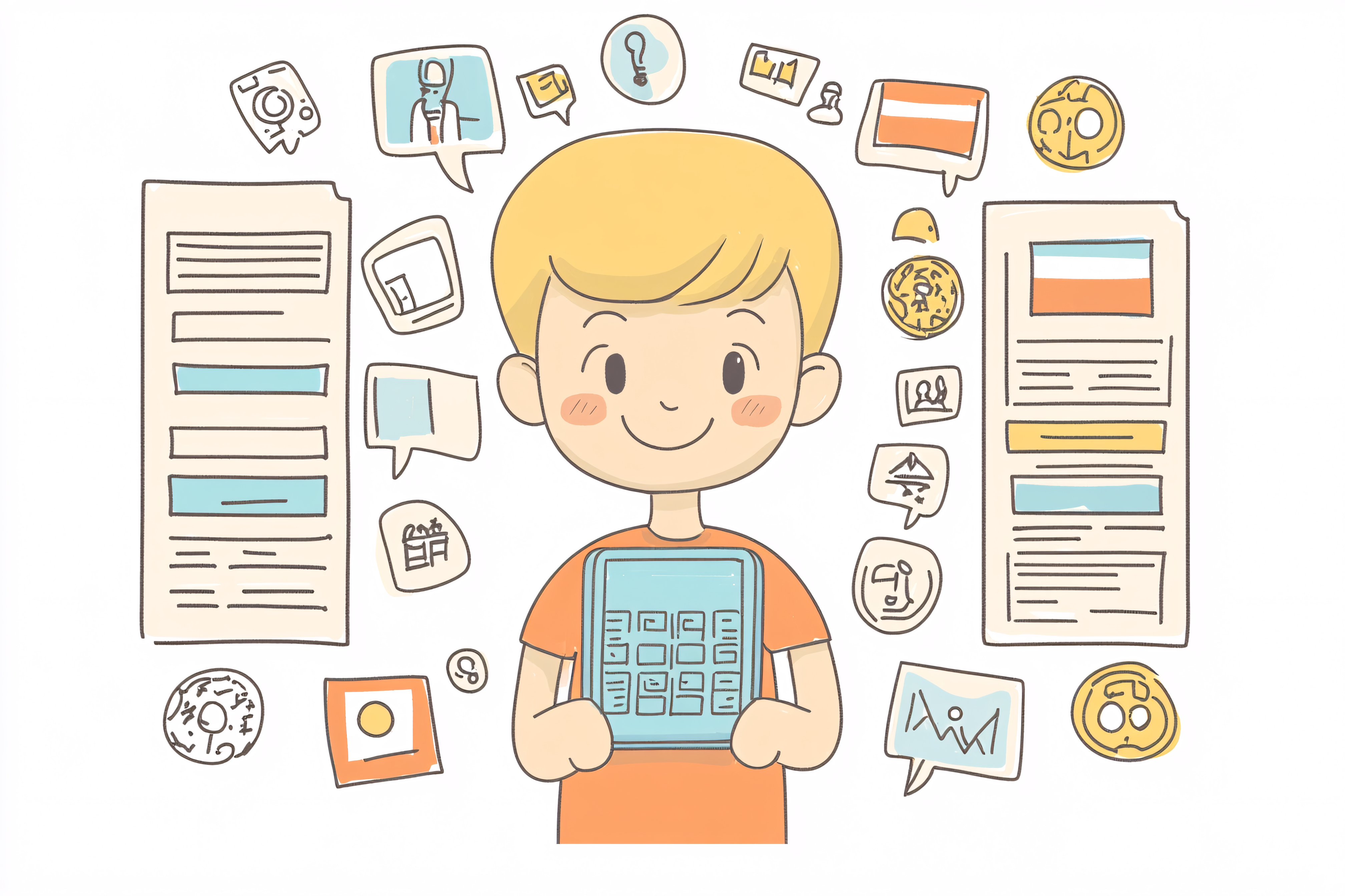 Young Boy with Tablet and Thought Bubbles