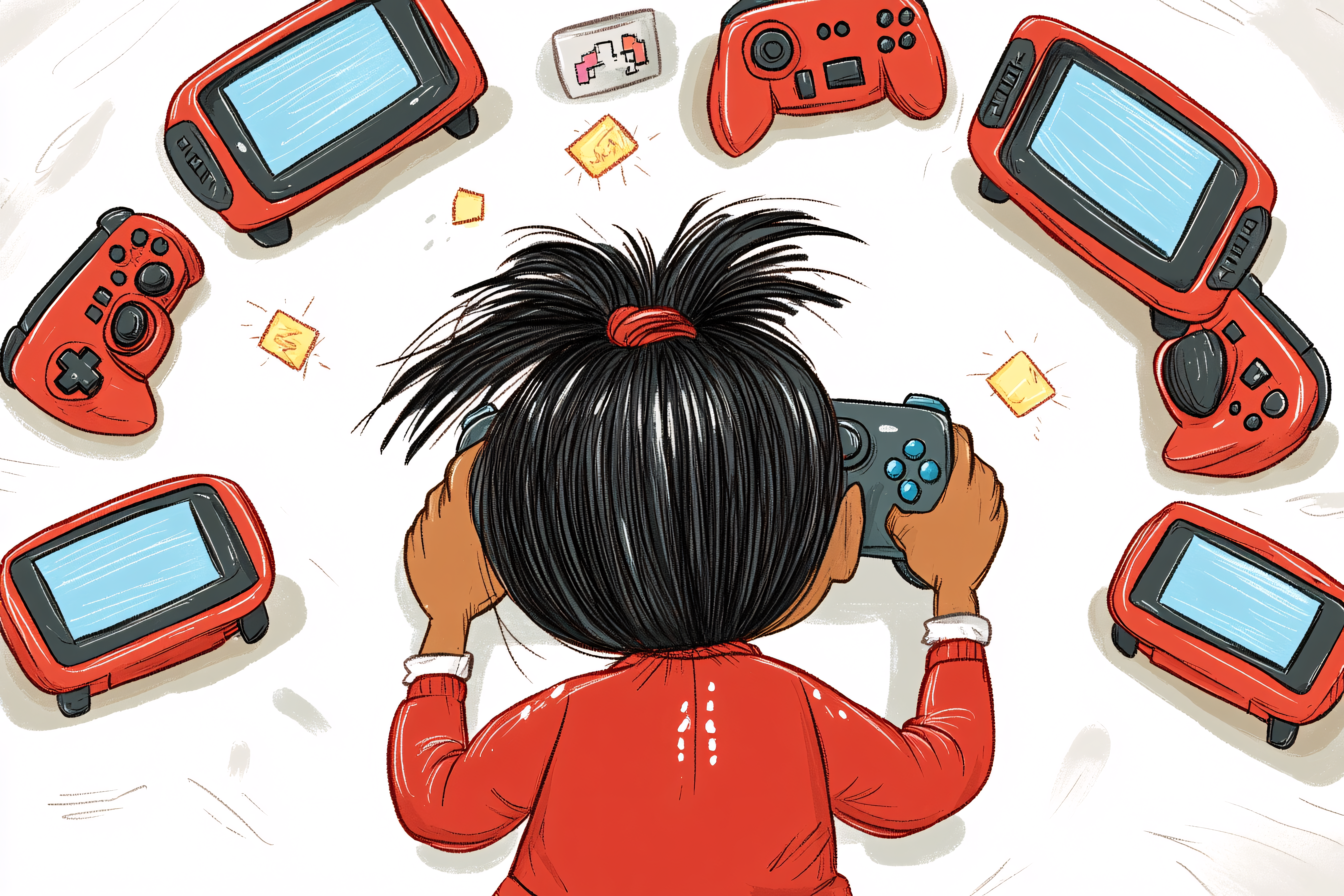 Young Gamer Surrounded by Gaming Devices