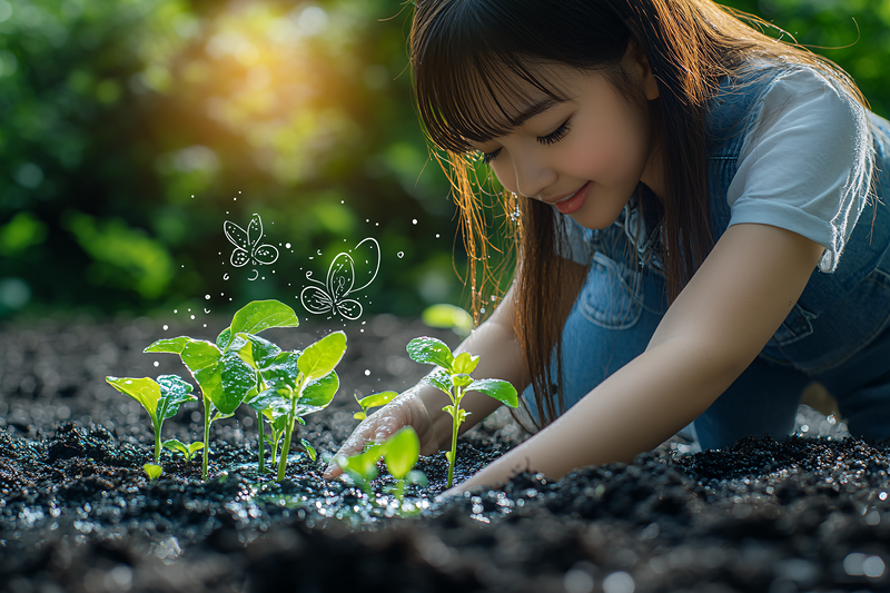 Young Girl Planting Seedlings