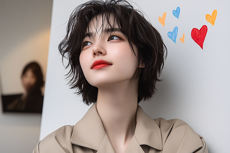Young Woman with Red Lips and Hearts